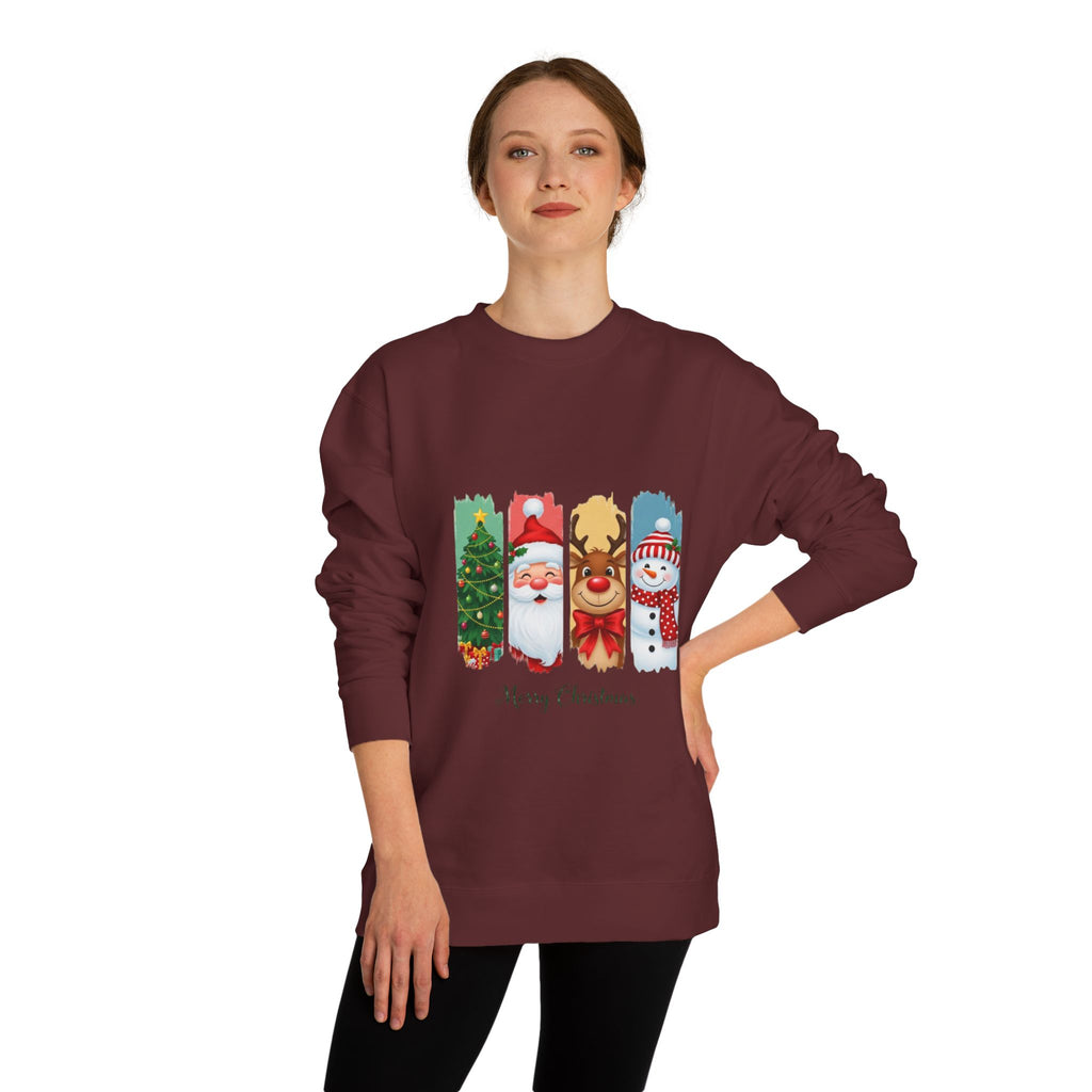 Christmas Characters Crewneck Sweatshirt — Merry Christmas Tree, Santa, Reindeer & Snowman Design