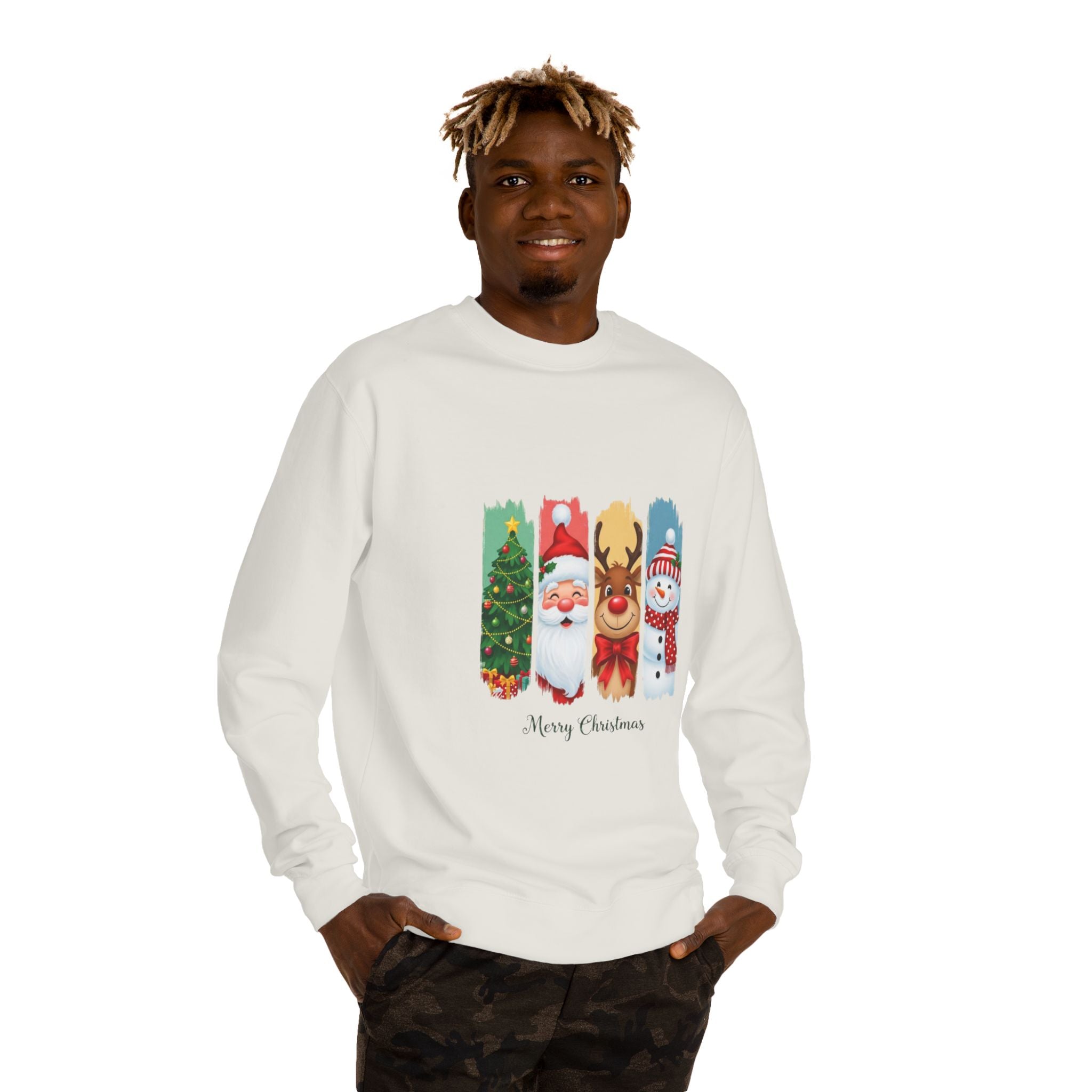 Christmas Characters Crewneck Sweatshirt — Merry Christmas Tree, Santa, Reindeer & Snowman Design