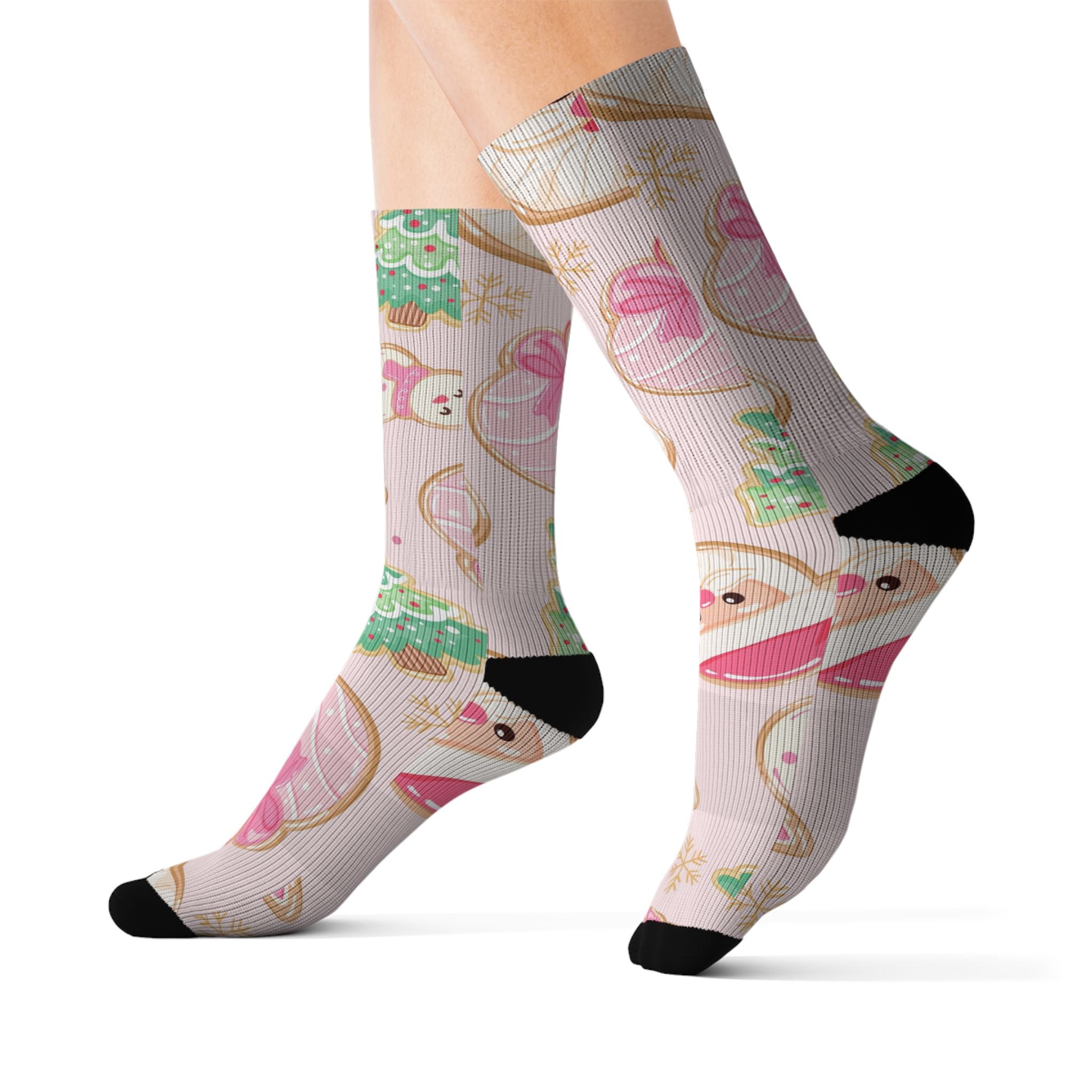 Christmas Santa & Tree Sublimation Socks — Cute Pastel Holiday Crew Socks