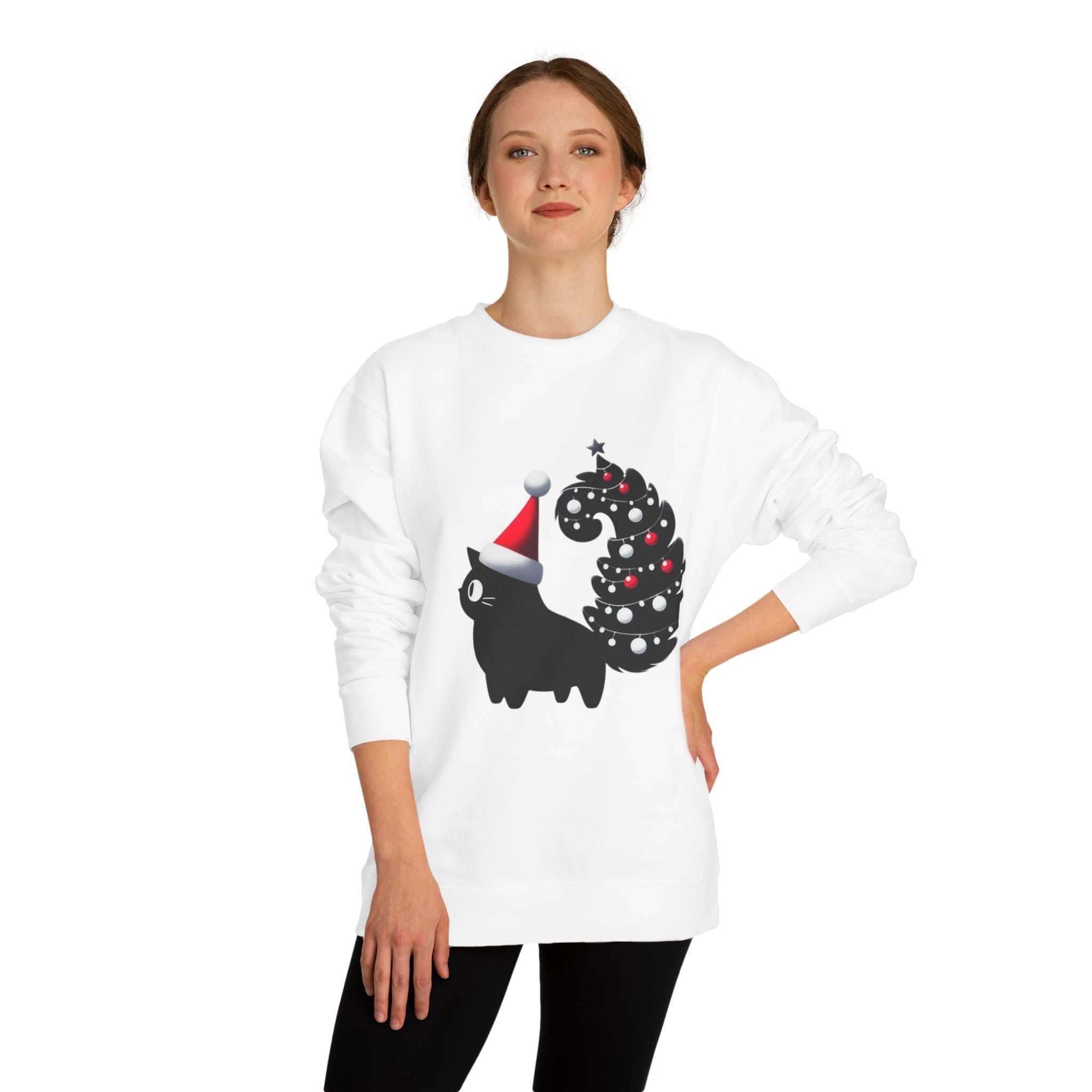 Christmas Black Cat Sweatshirt — Cute Cat with Santa Hat & Ornament Tail Holiday Crewneck