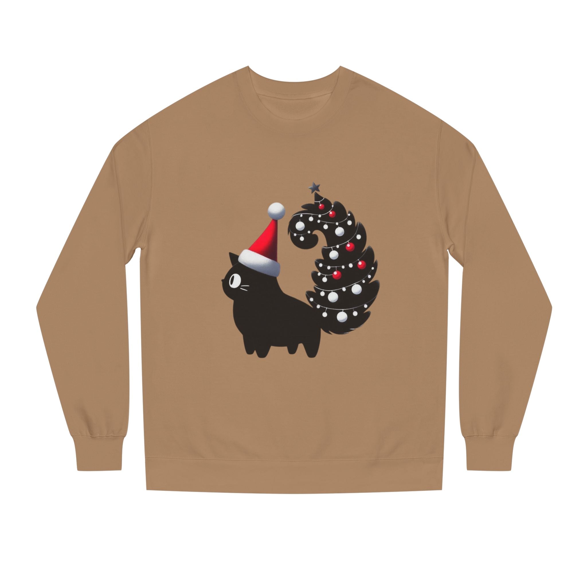 Christmas Black Cat Sweatshirt — Cute Cat with Santa Hat & Ornament Tail Holiday Crewneck