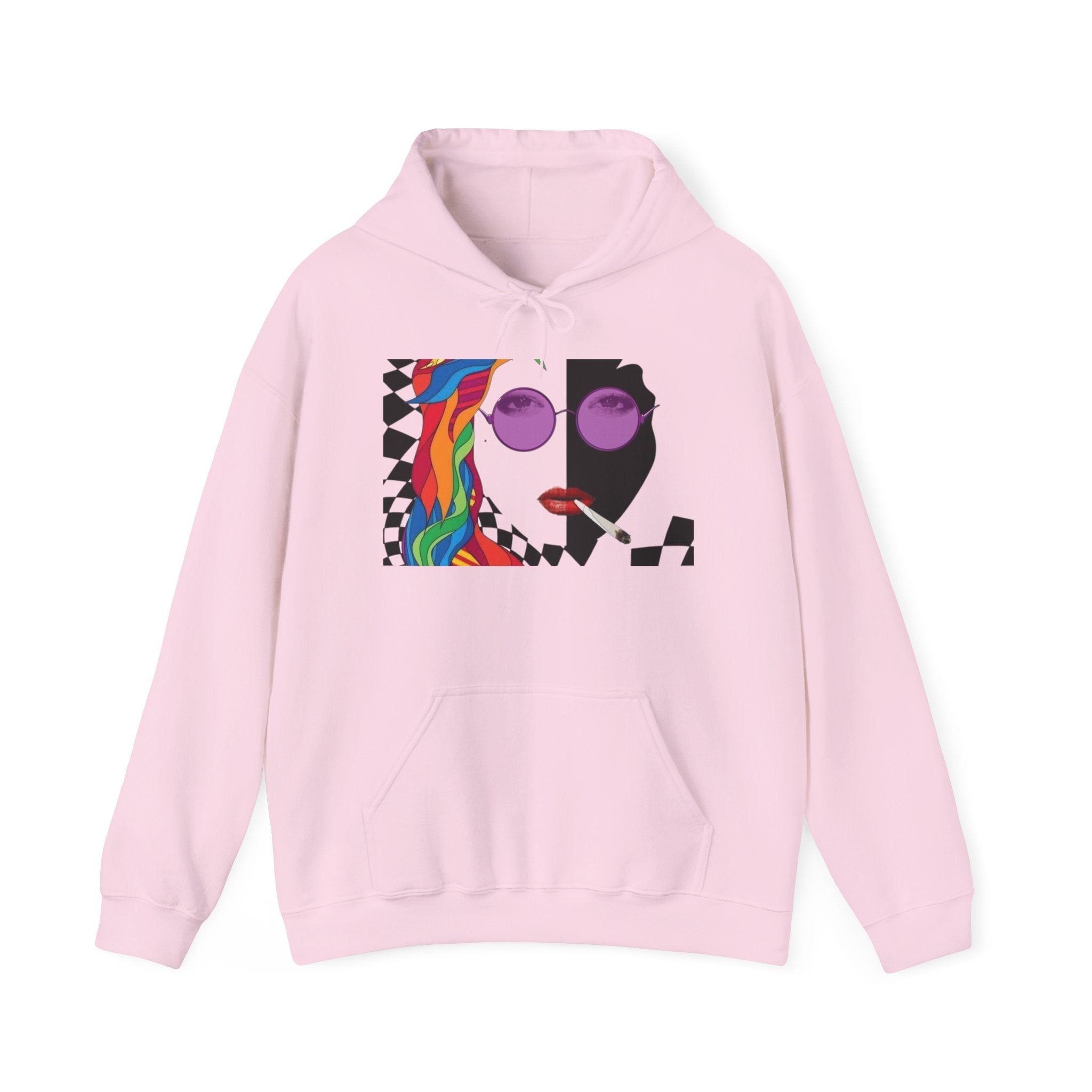 Graphic Hoodie - Retro Pop Art Face with Rainbow Hair & Checkerboard