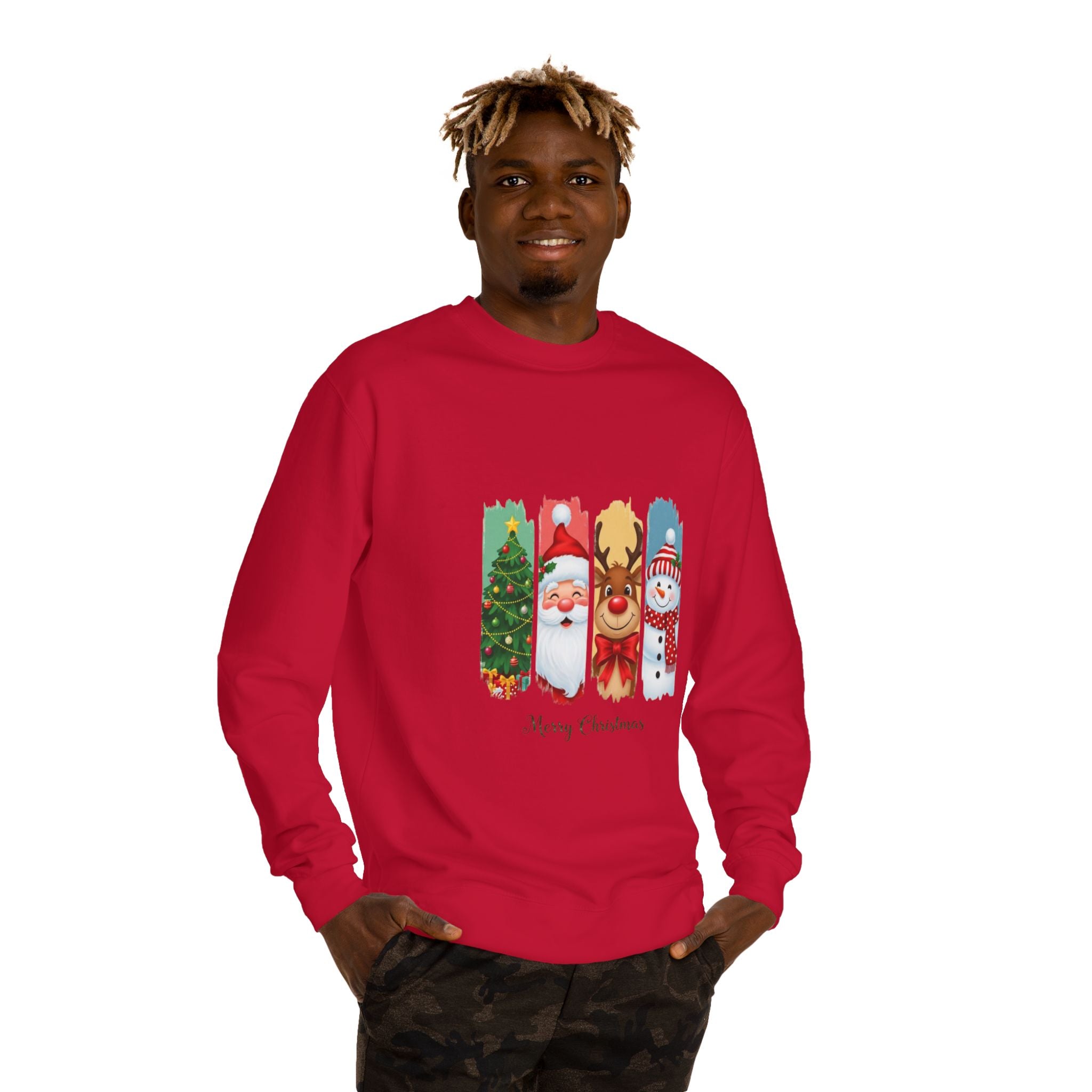 Christmas Characters Crewneck Sweatshirt — Merry Christmas Tree, Santa, Reindeer & Snowman Design