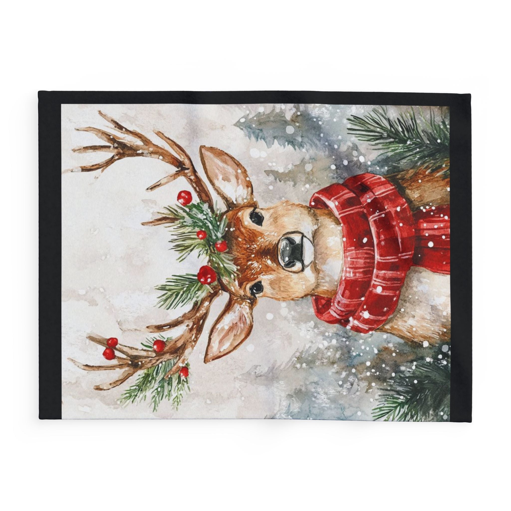 Christmas Reindeer Fleece Blanket — Cozy Holiday Deer Throw with Scarf & Pine Accents
