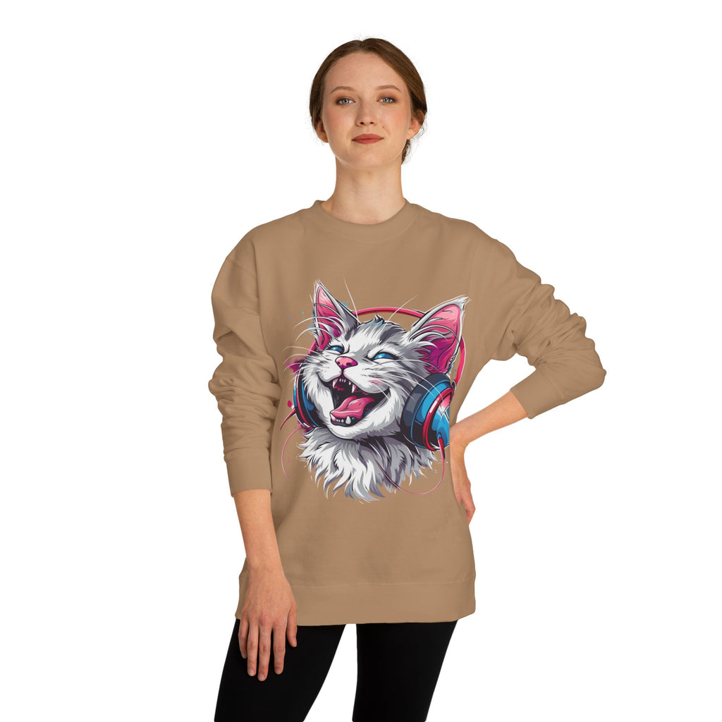 Cat with Headphones Sweatshirt — Vintage DJ Kitty Crewneck