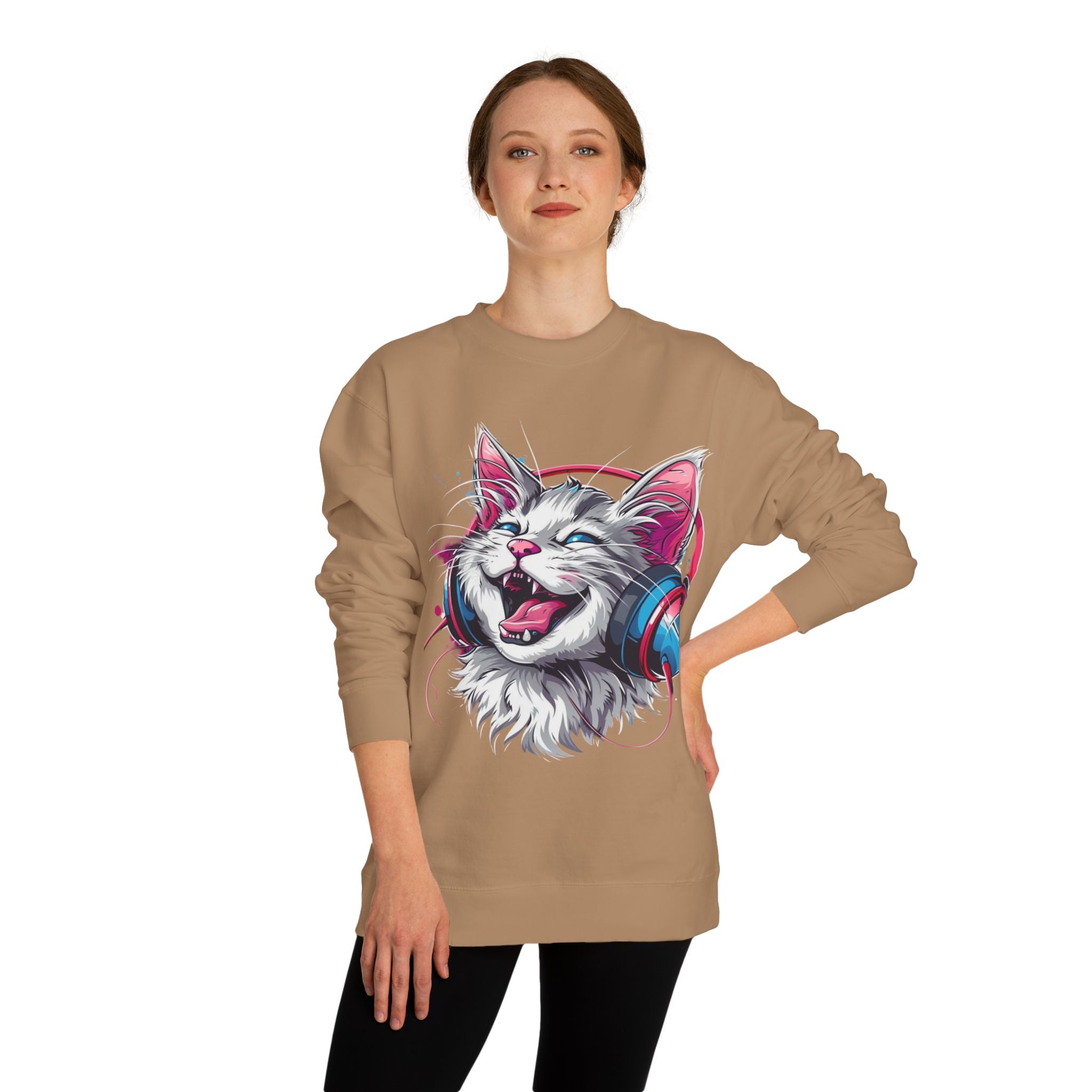 Cat with Headphones Sweatshirt — Vintage DJ Kitty Crewneck