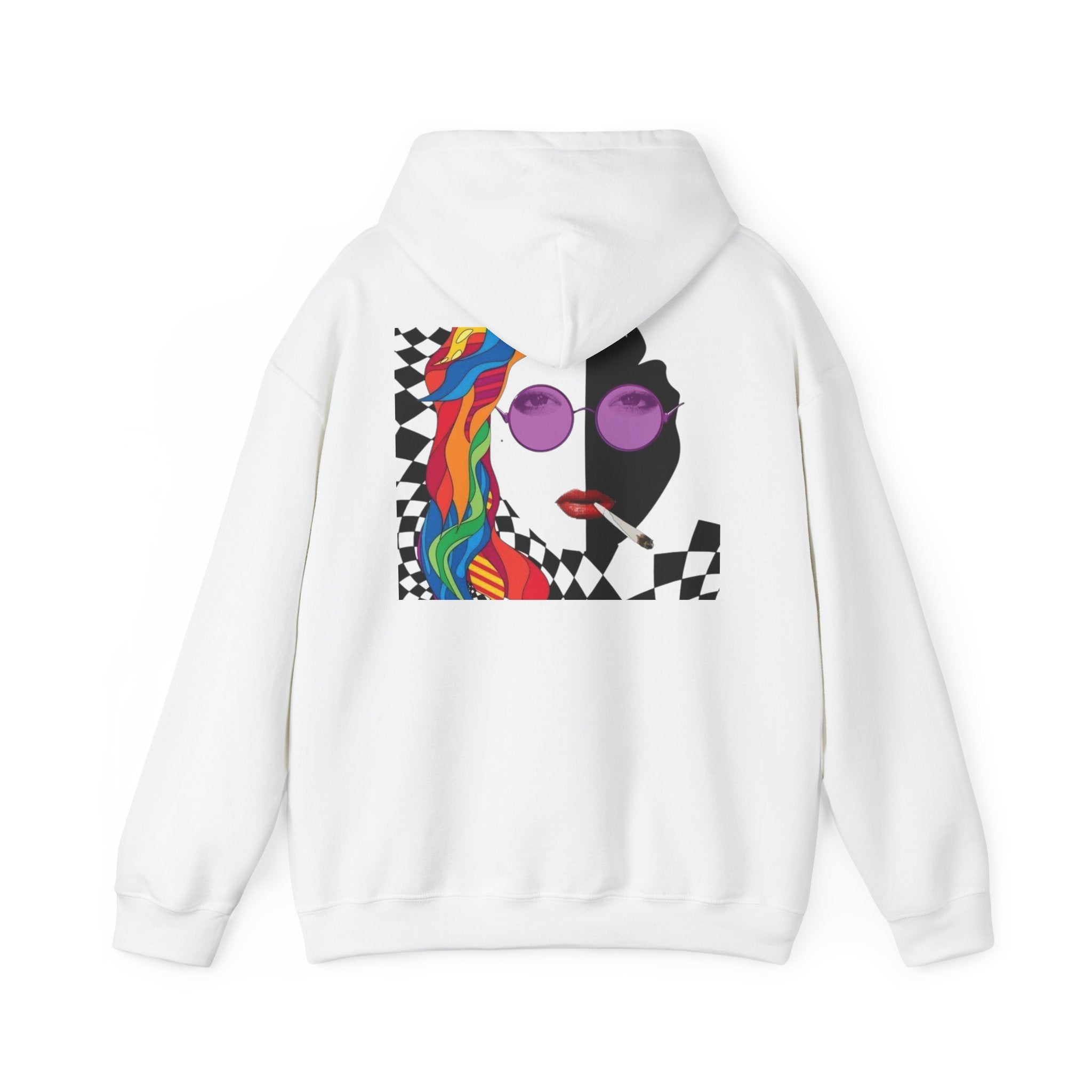 Graphic Hoodie - Retro Pop Art Face with Rainbow Hair & Checkerboard