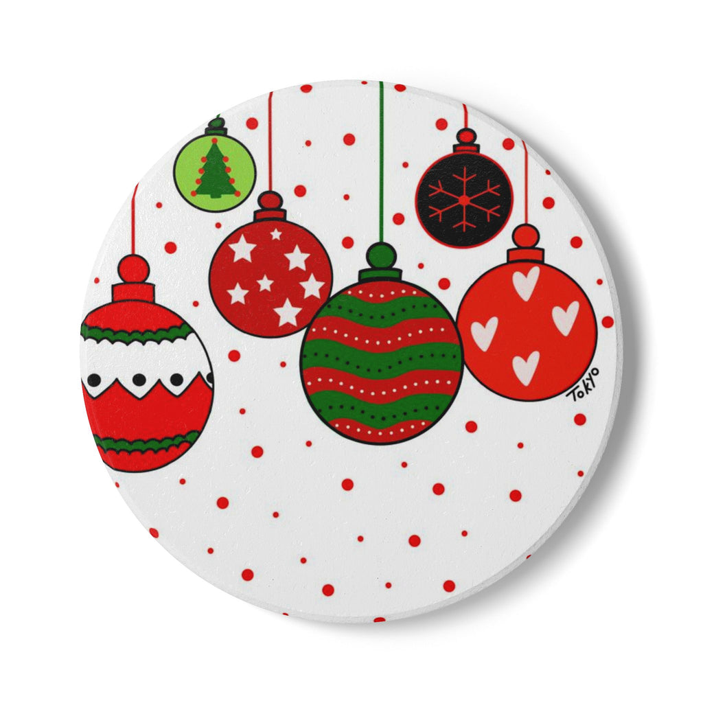 Christmas Ornament Ceramic Coaster — Festive Red & Green Holiday Drink Coaster