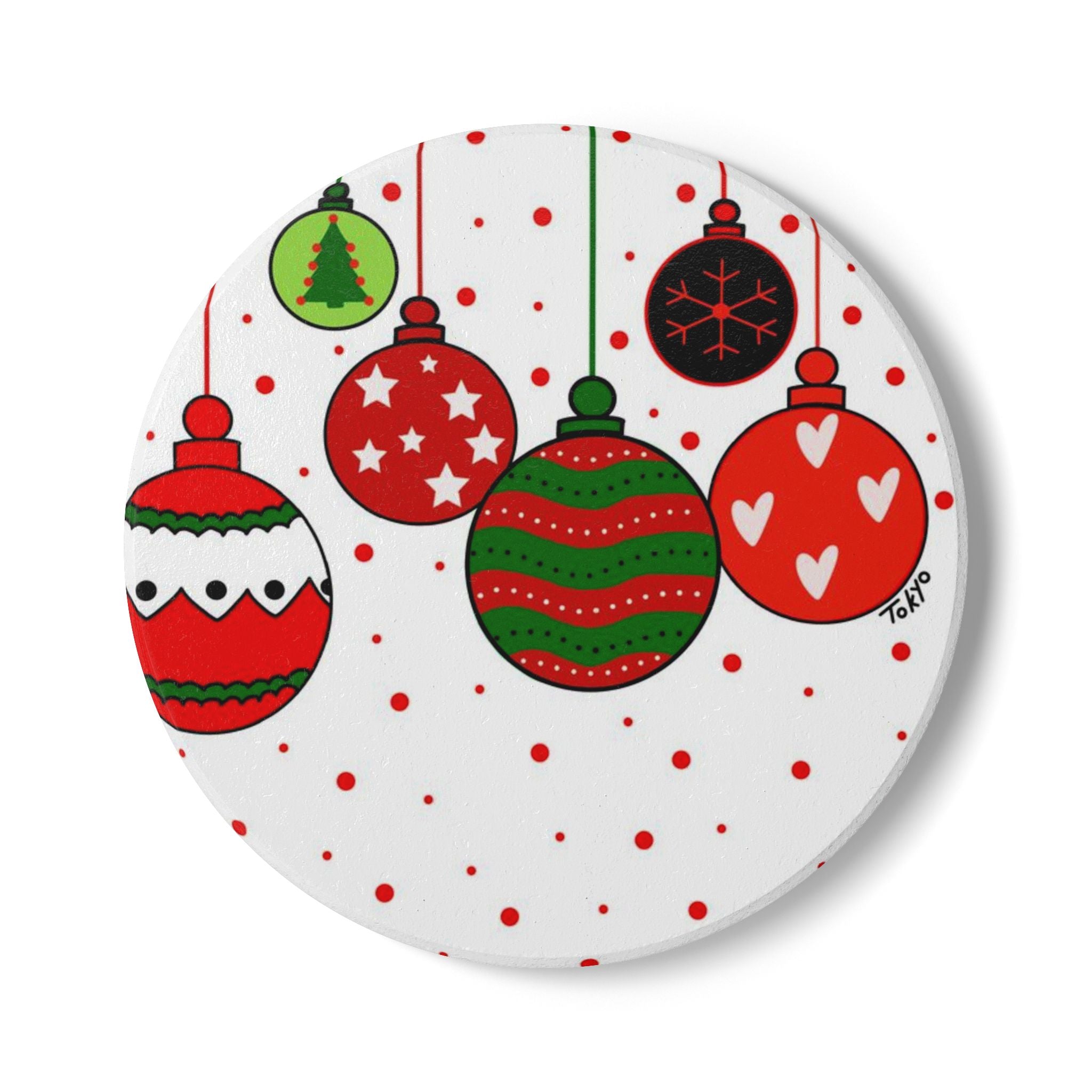 Christmas Ornament Ceramic Coaster — Festive Red & Green Holiday Drink Coaster