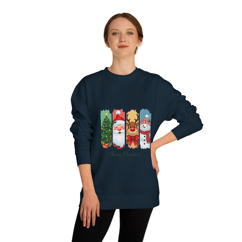 Christmas Characters Crewneck Sweatshirt — Merry Christmas Tree, Santa, Reindeer & Snowman Design