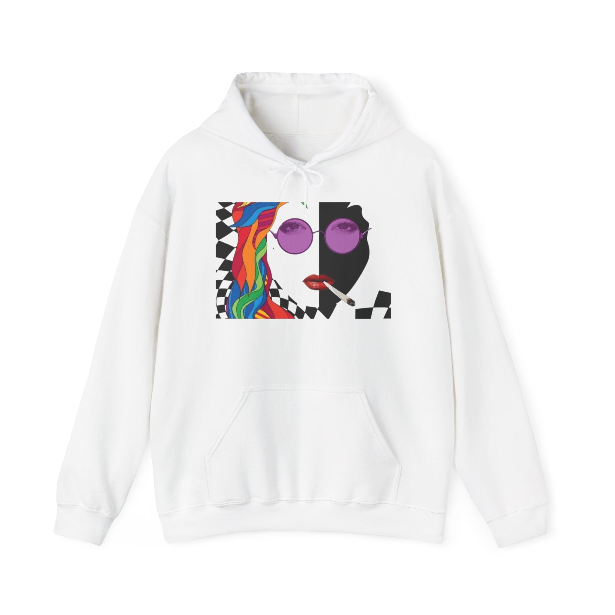 Graphic Hoodie - Retro Pop Art Face with Rainbow Hair & Checkerboard