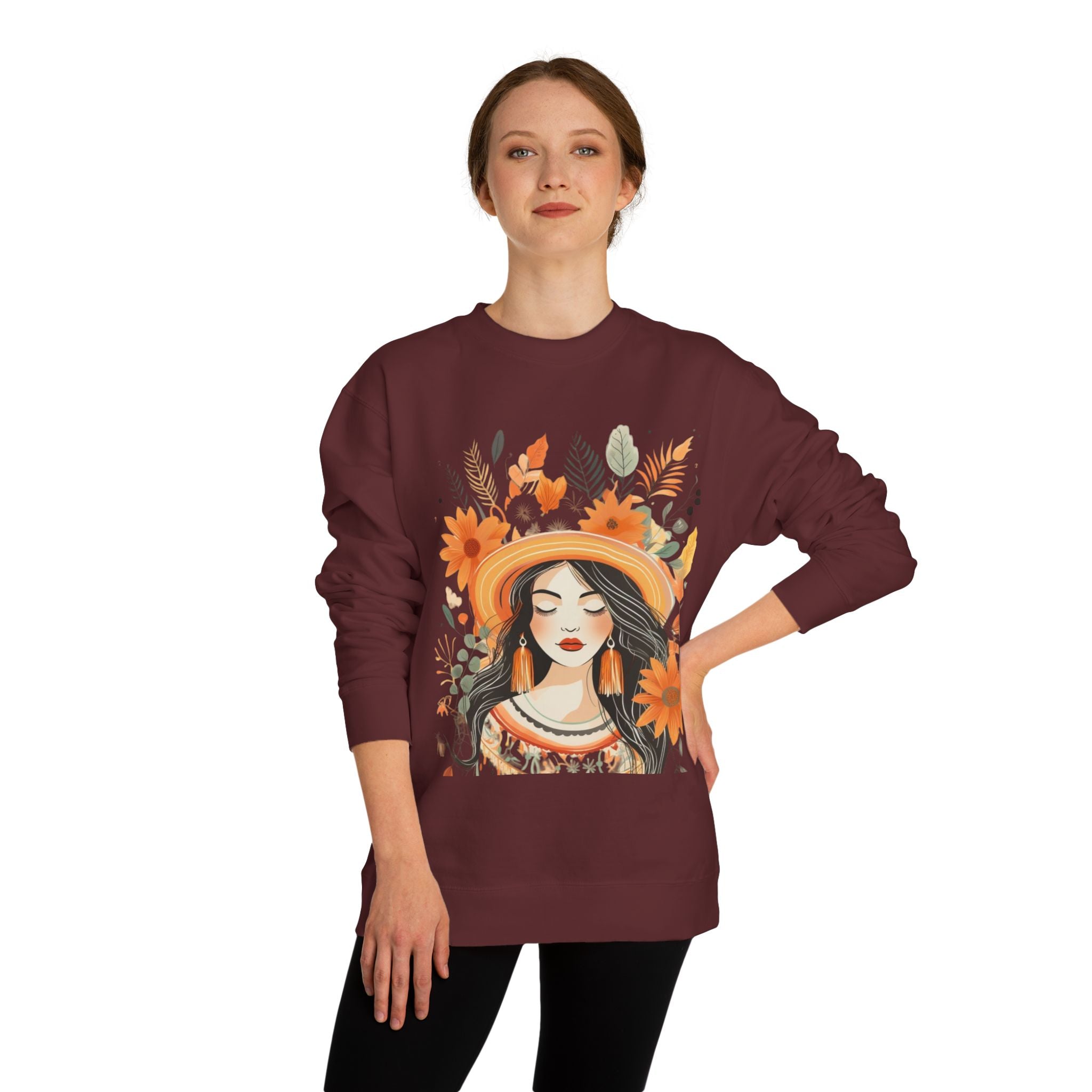 Autumn Bloom Women's Portrait Sweatshirt — Floral Hat Illustration