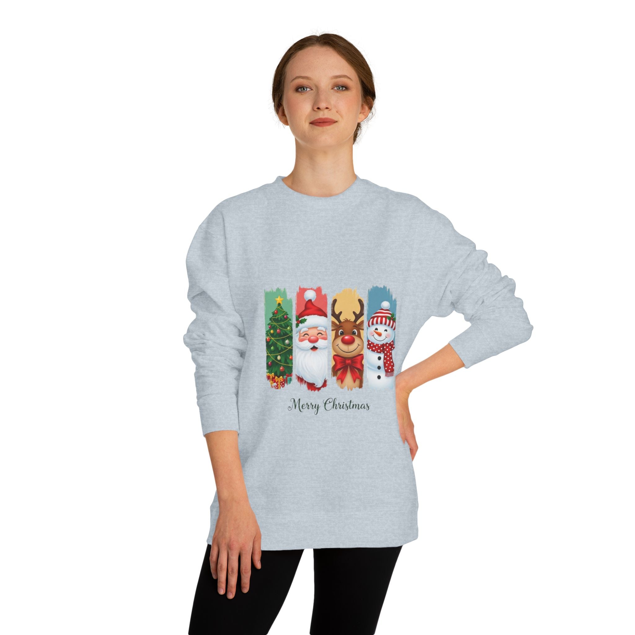 Christmas Characters Crewneck Sweatshirt — Merry Christmas Tree, Santa, Reindeer & Snowman Design
