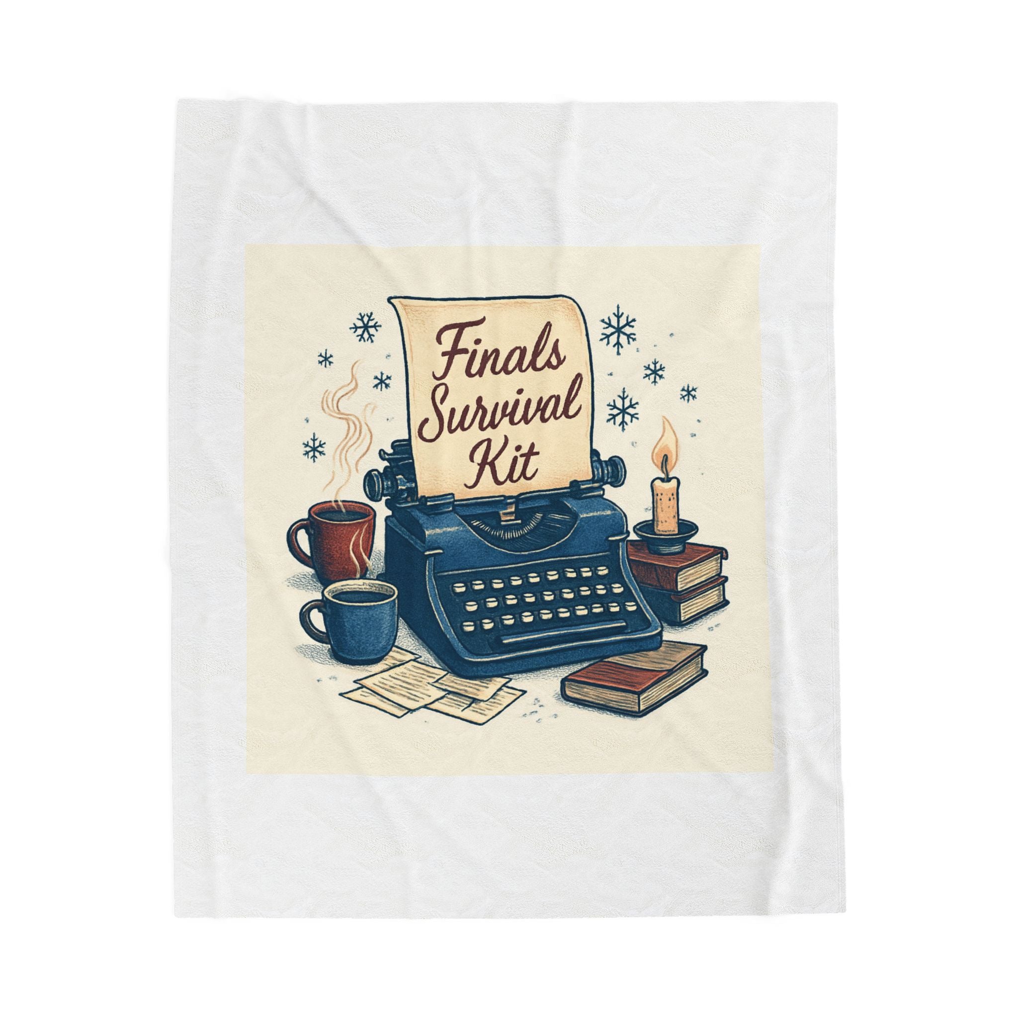 Finals Survival Kit Velveteen Plush Blanket — Cozy Study Throw with Typewriter Design