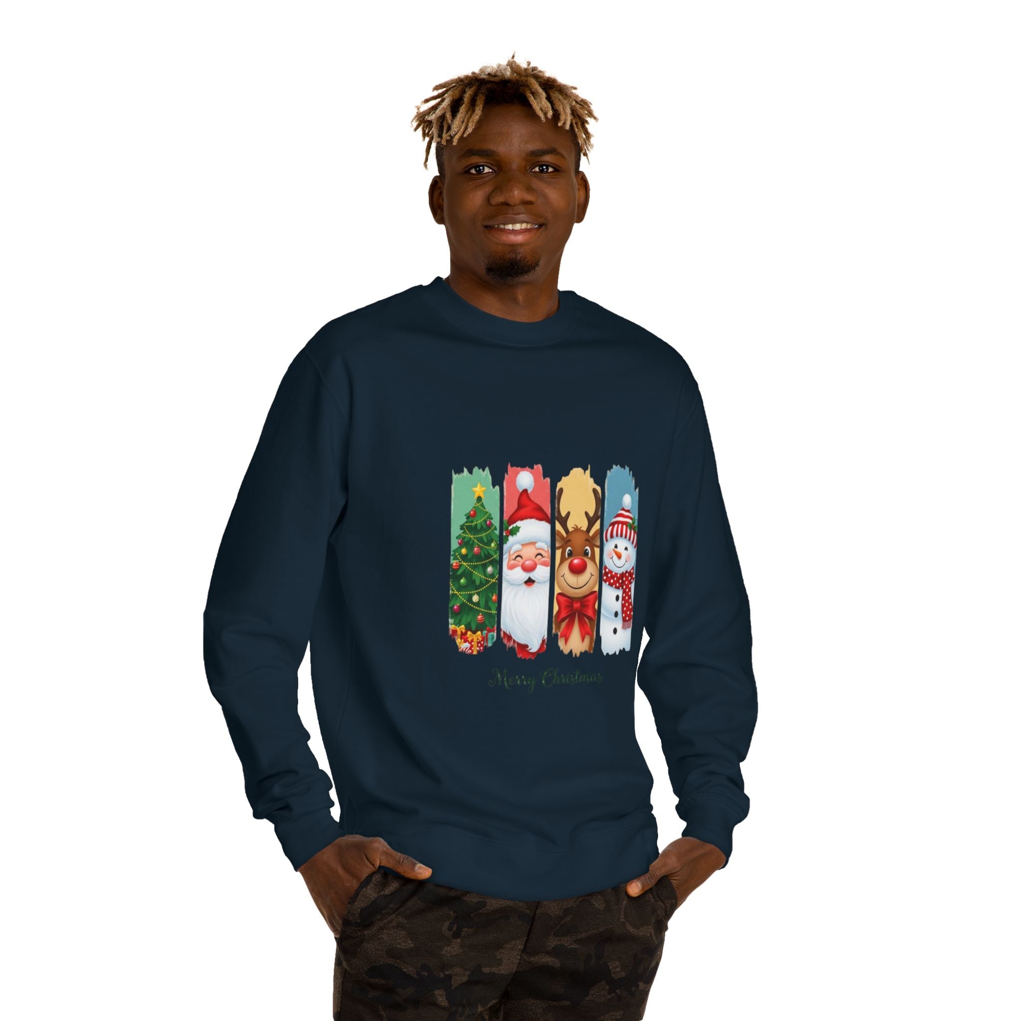 Christmas Characters Crewneck Sweatshirt — Merry Christmas Tree, Santa, Reindeer & Snowman Design