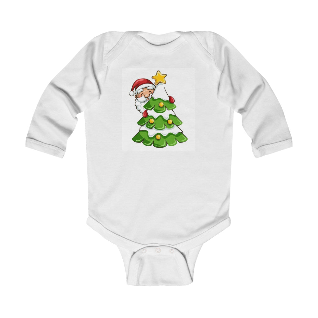 Baby Christmas Bodysuit - Cute Santa Peeking Behind Tree Holiday Onesie