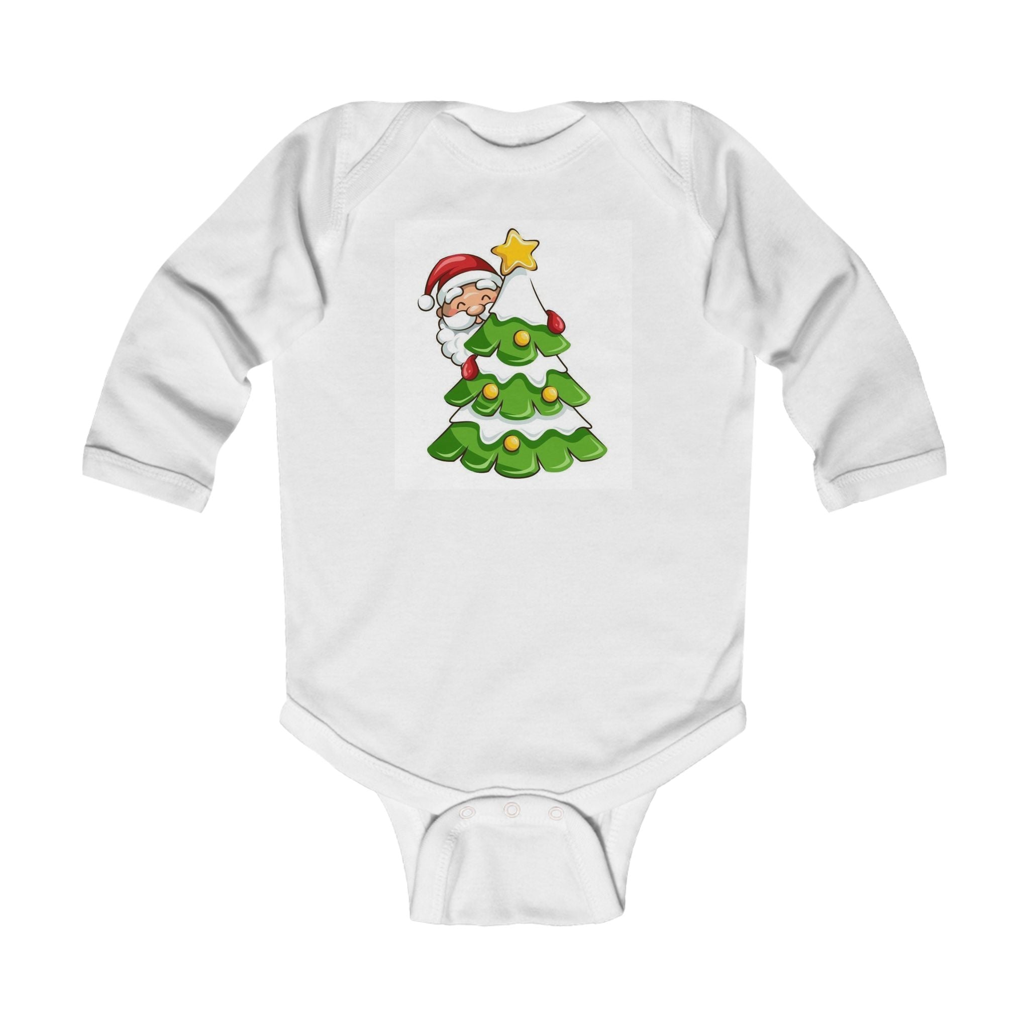 Baby Christmas Bodysuit - Cute Santa Peeking Behind Tree Holiday Onesie