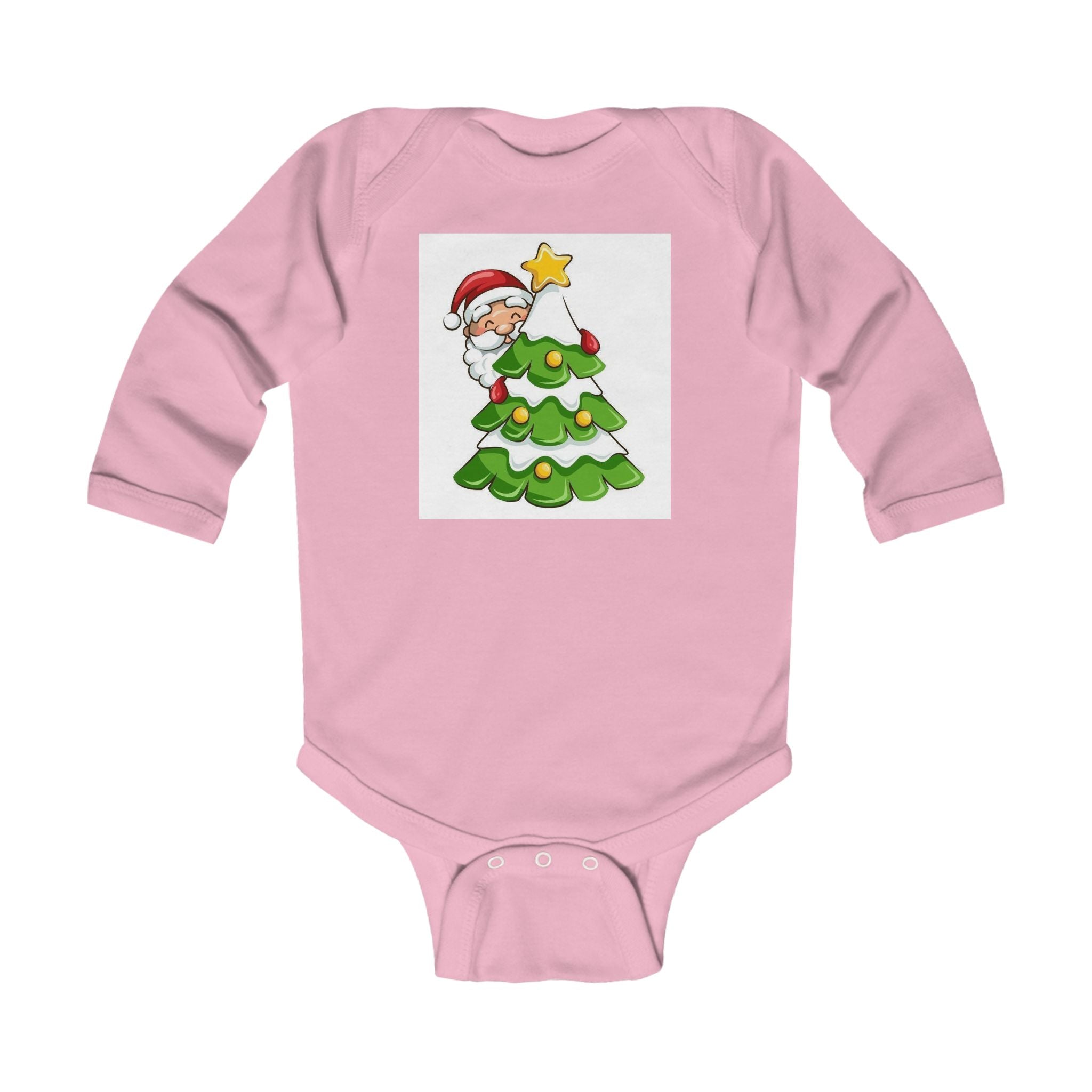 Baby Christmas Bodysuit - Cute Santa Peeking Behind Tree Holiday Onesie