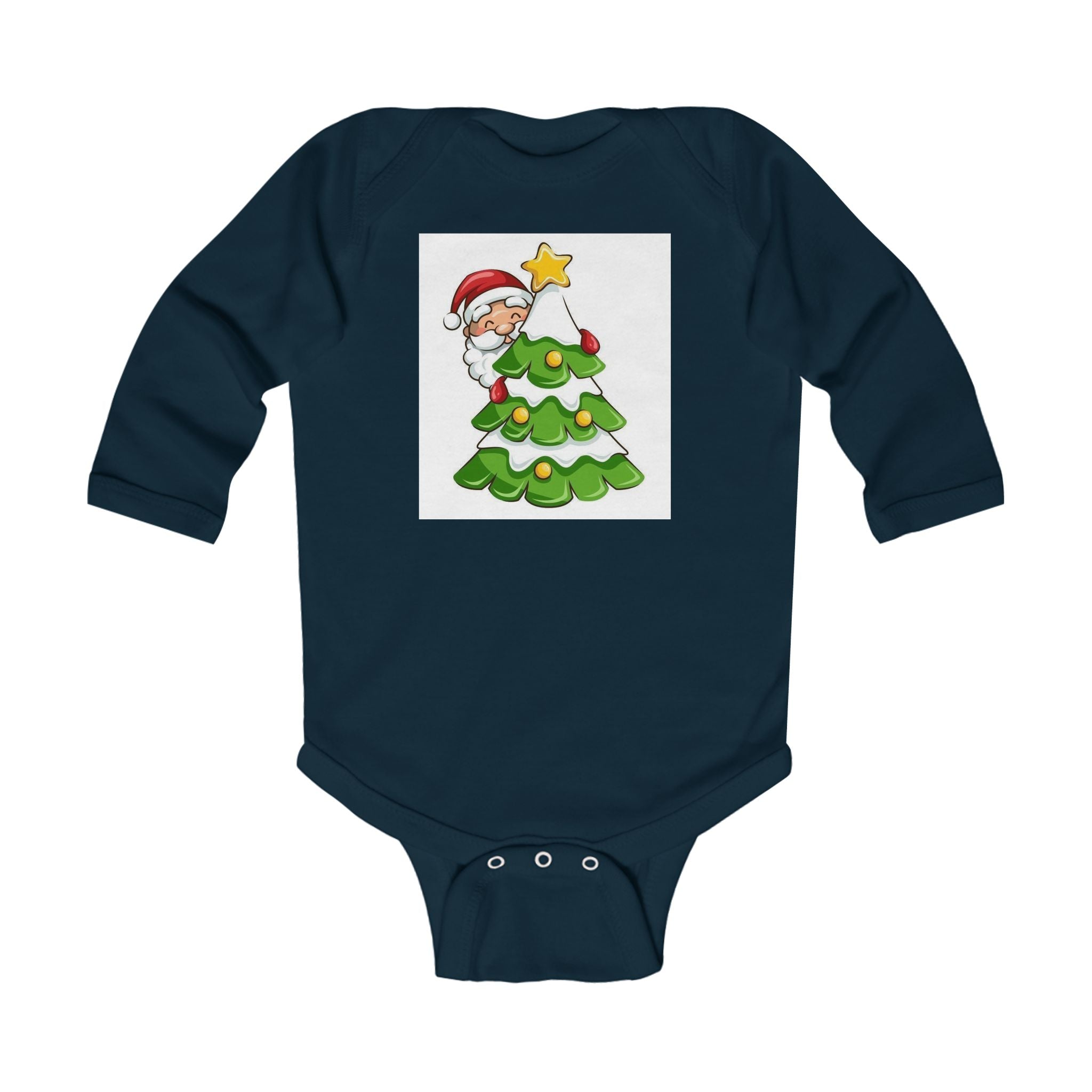 Baby Christmas Bodysuit - Cute Santa Peeking Behind Tree Holiday Onesie