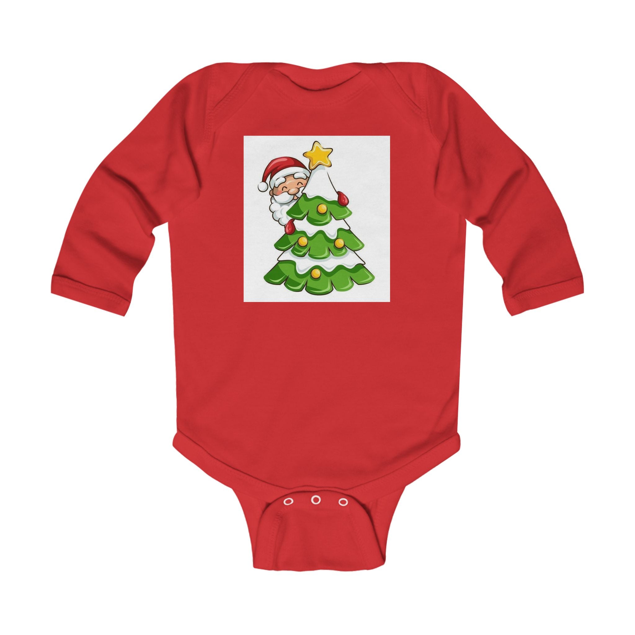 Baby Christmas Bodysuit - Cute Santa Peeking Behind Tree Holiday Onesie