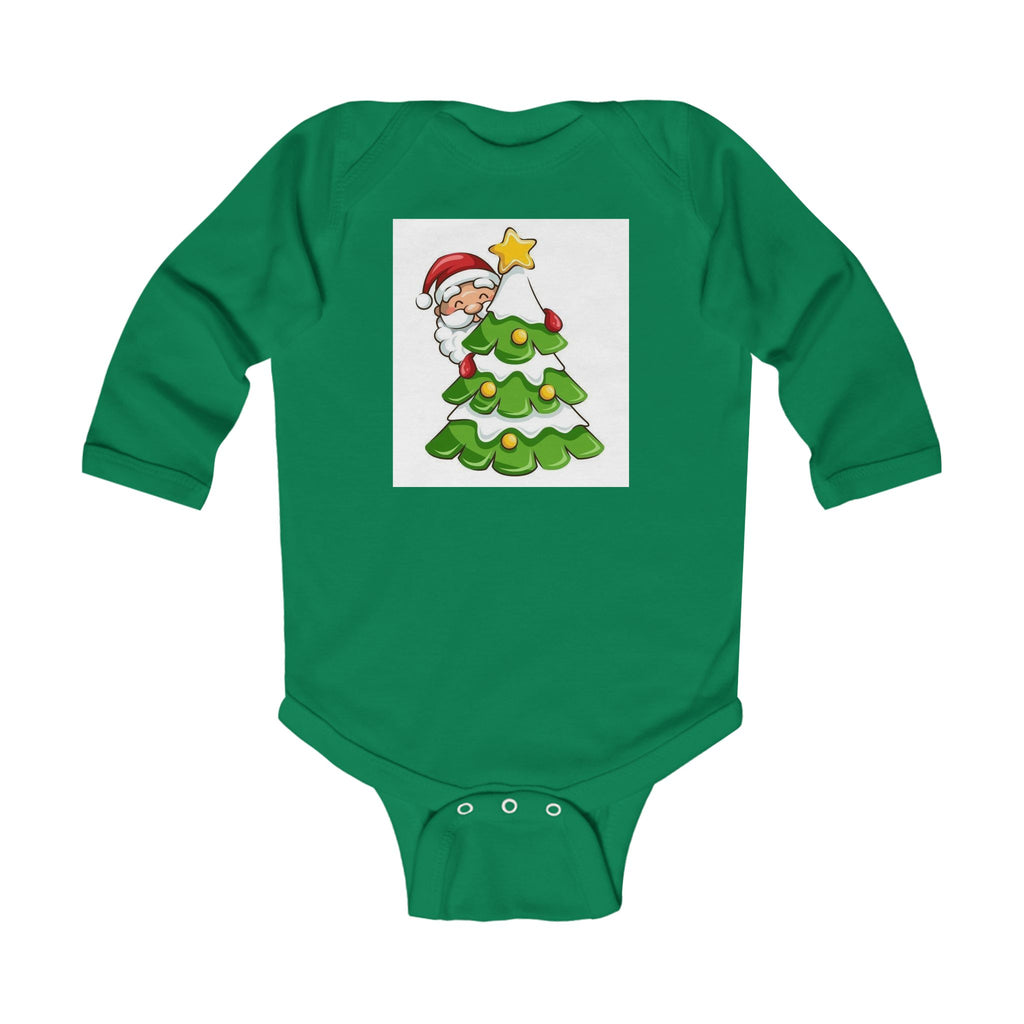 Baby Christmas Bodysuit - Cute Santa Peeking Behind Tree Holiday Onesie