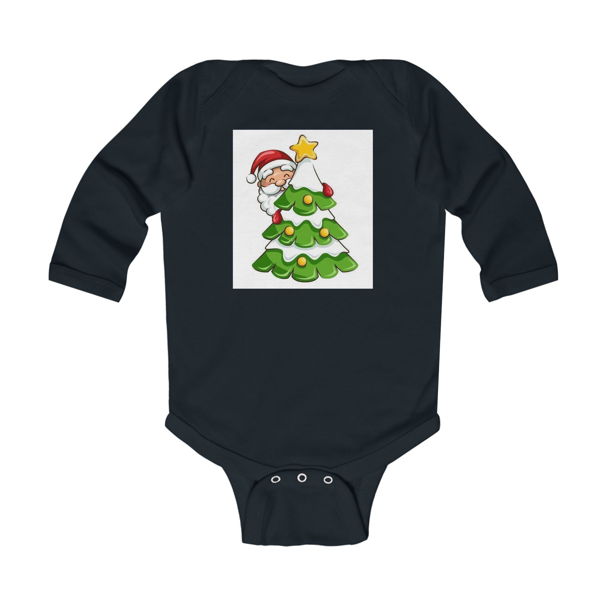 Baby Christmas Bodysuit - Cute Santa Peeking Behind Tree Holiday Onesie