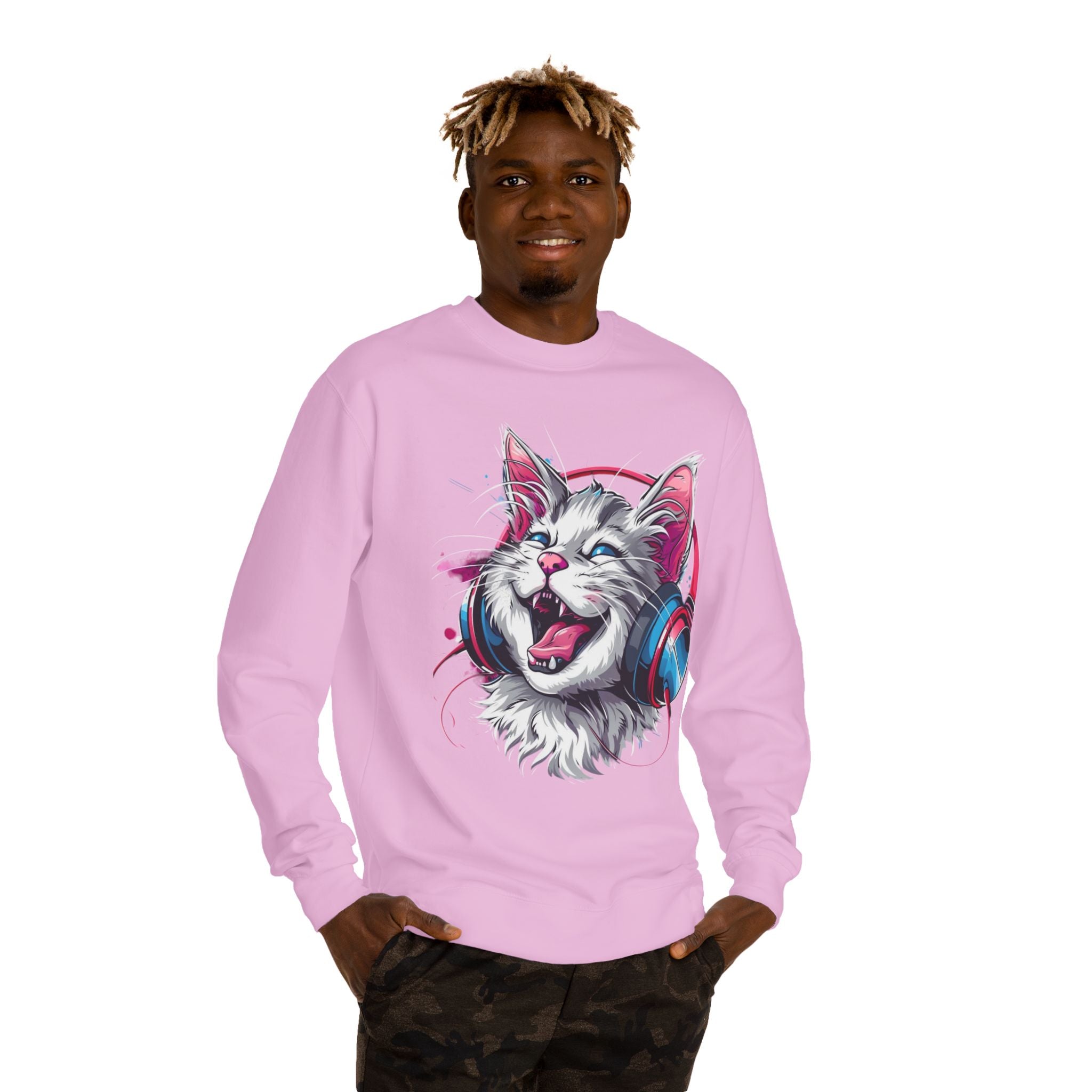 Cat with Headphones Sweatshirt — Vintage DJ Kitty Crewneck