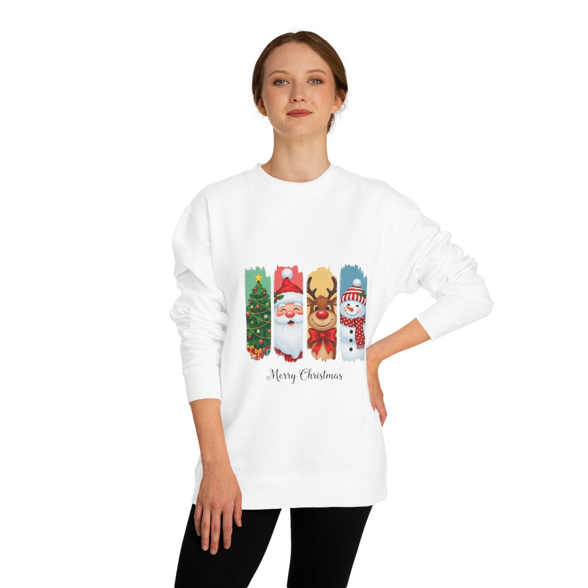 Christmas Characters Crewneck Sweatshirt — Merry Christmas Tree, Santa, Reindeer & Snowman Design