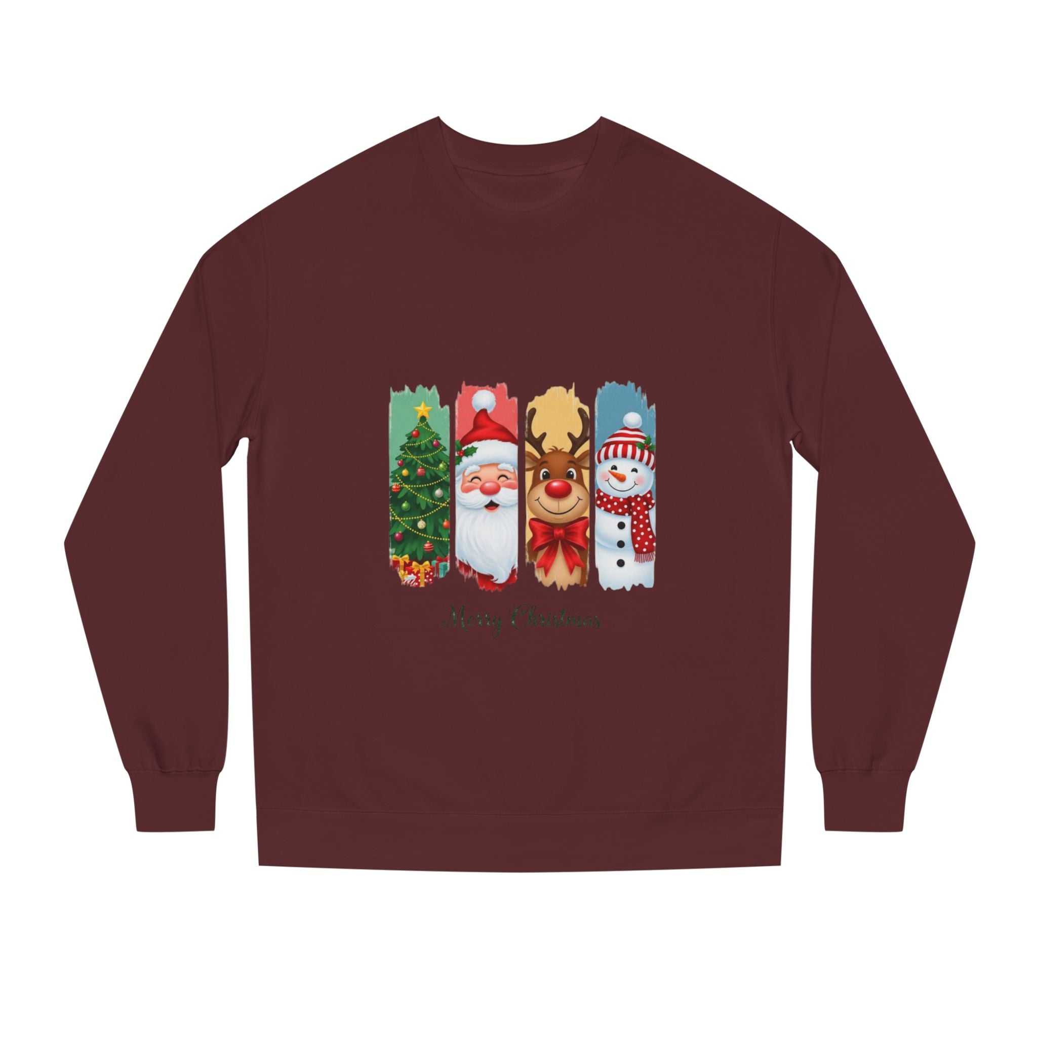 Christmas Characters Crewneck Sweatshirt — Merry Christmas Tree, Santa, Reindeer & Snowman Design