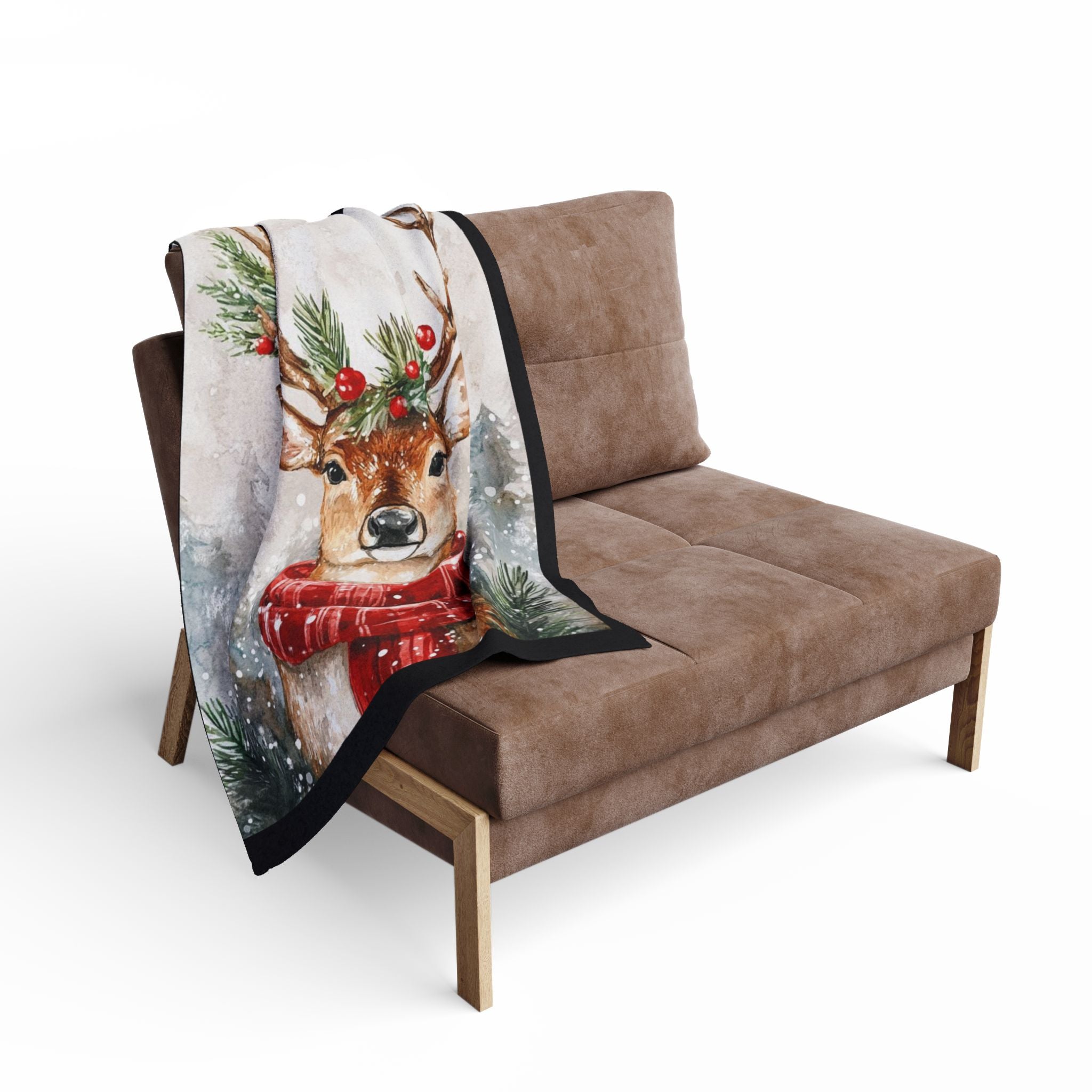 Christmas Reindeer Fleece Blanket — Cozy Holiday Deer Throw with Scarf & Pine Accents