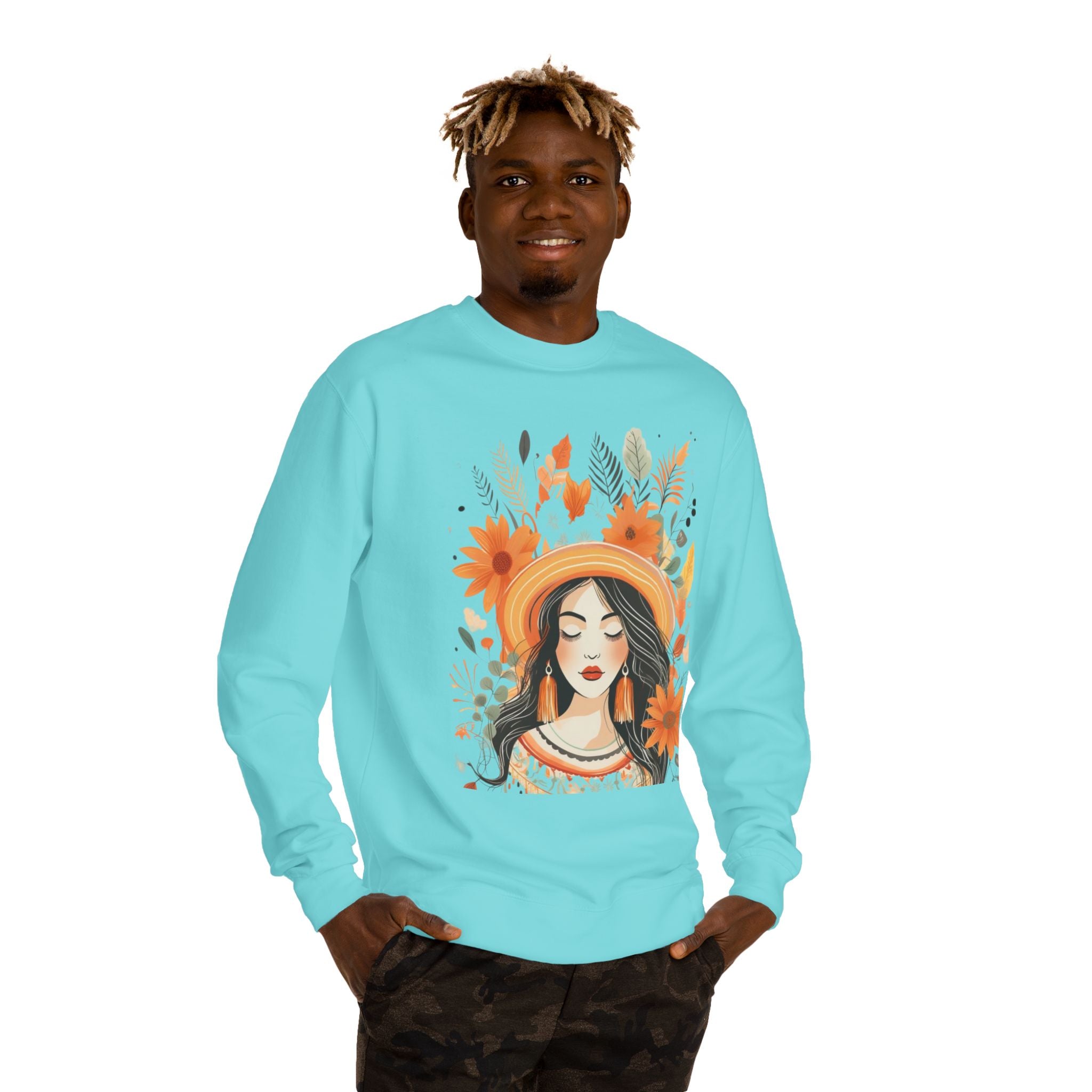 Autumn Bloom Women's Portrait Sweatshirt — Floral Hat Illustration