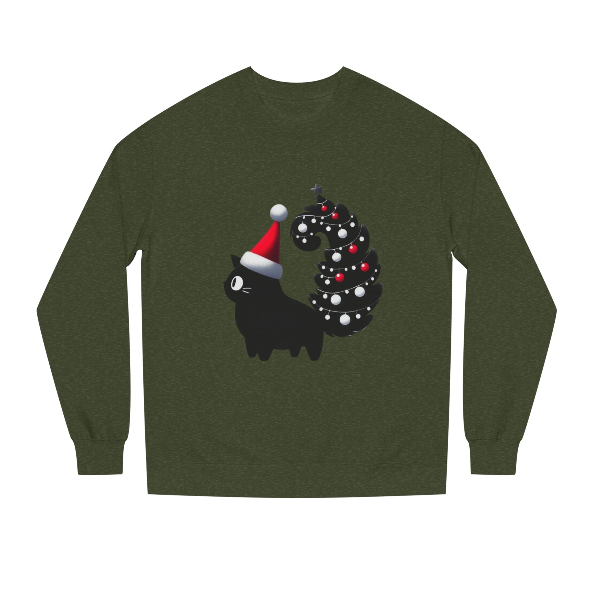 Christmas Black Cat Sweatshirt — Cute Cat with Santa Hat & Ornament Tail Holiday Crewneck