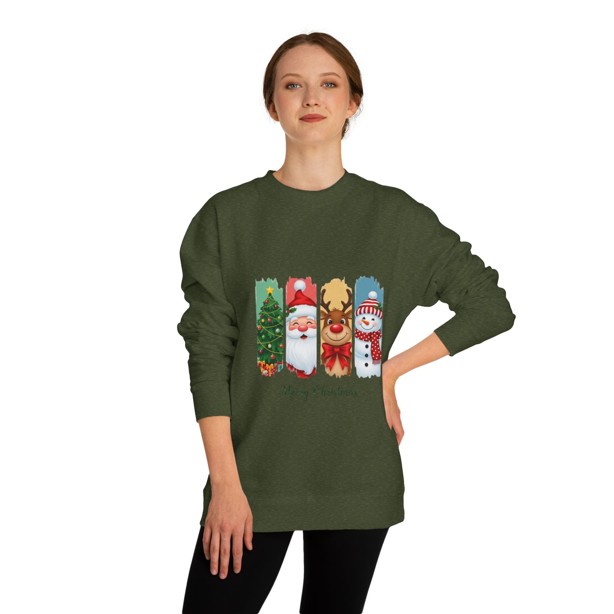 Christmas Characters Crewneck Sweatshirt — Merry Christmas Tree, Santa, Reindeer & Snowman Design