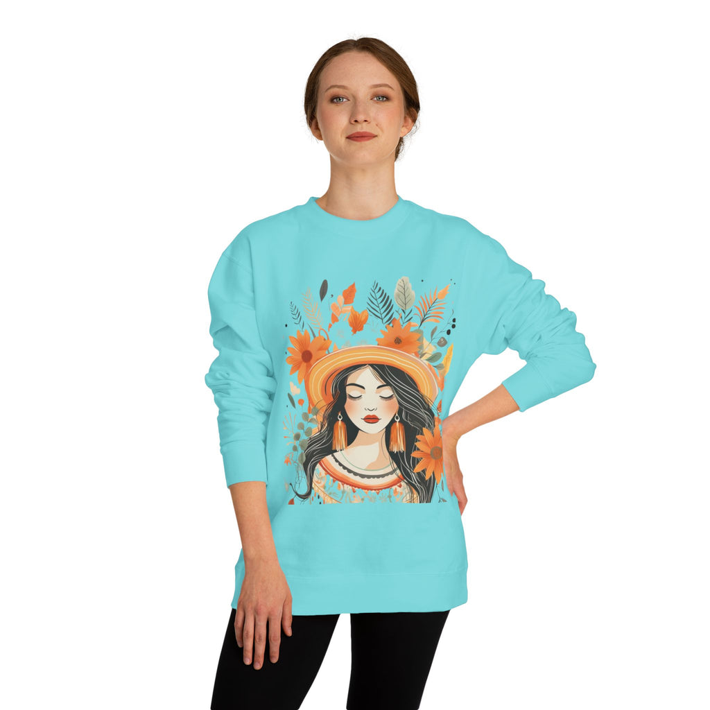 Autumn Bloom Women's Portrait Sweatshirt — Floral Hat Illustration