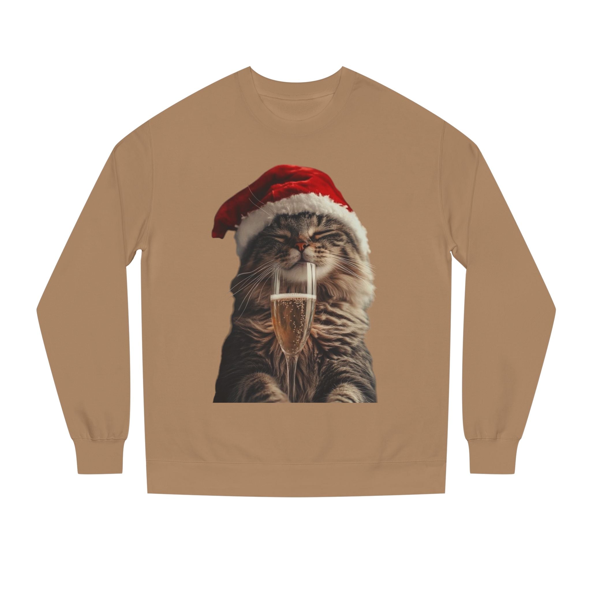 Christmas Cat Sweatshirt — Festive Cat with Santa Hat & Champagne