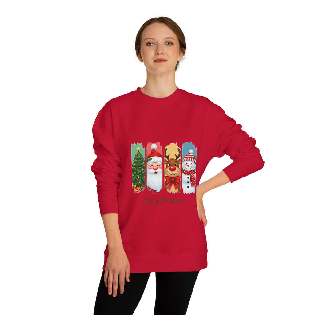 Christmas Characters Crewneck Sweatshirt — Merry Christmas Tree, Santa, Reindeer & Snowman Design