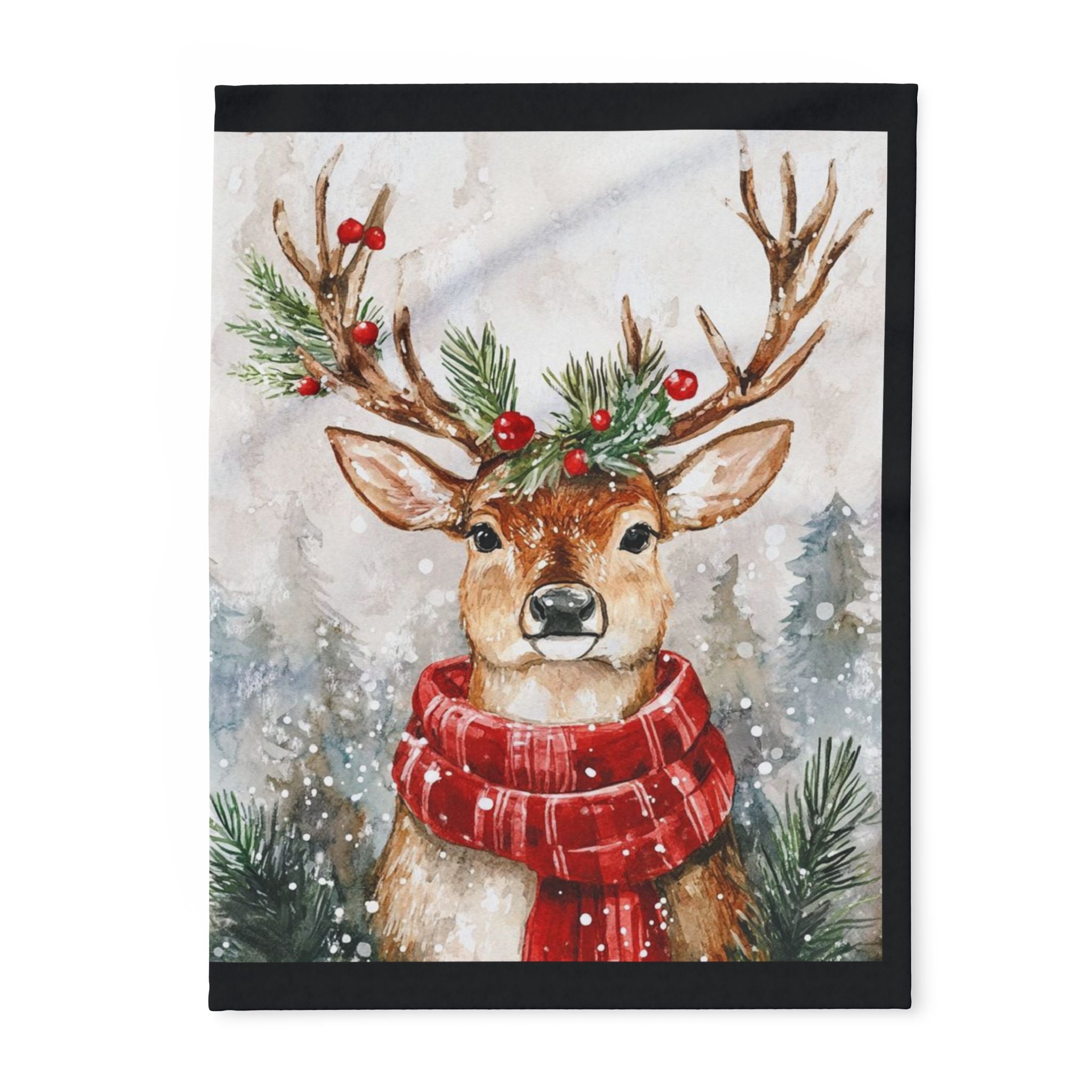 Christmas Reindeer Fleece Blanket — Cozy Holiday Deer Throw with Scarf & Pine Accents
