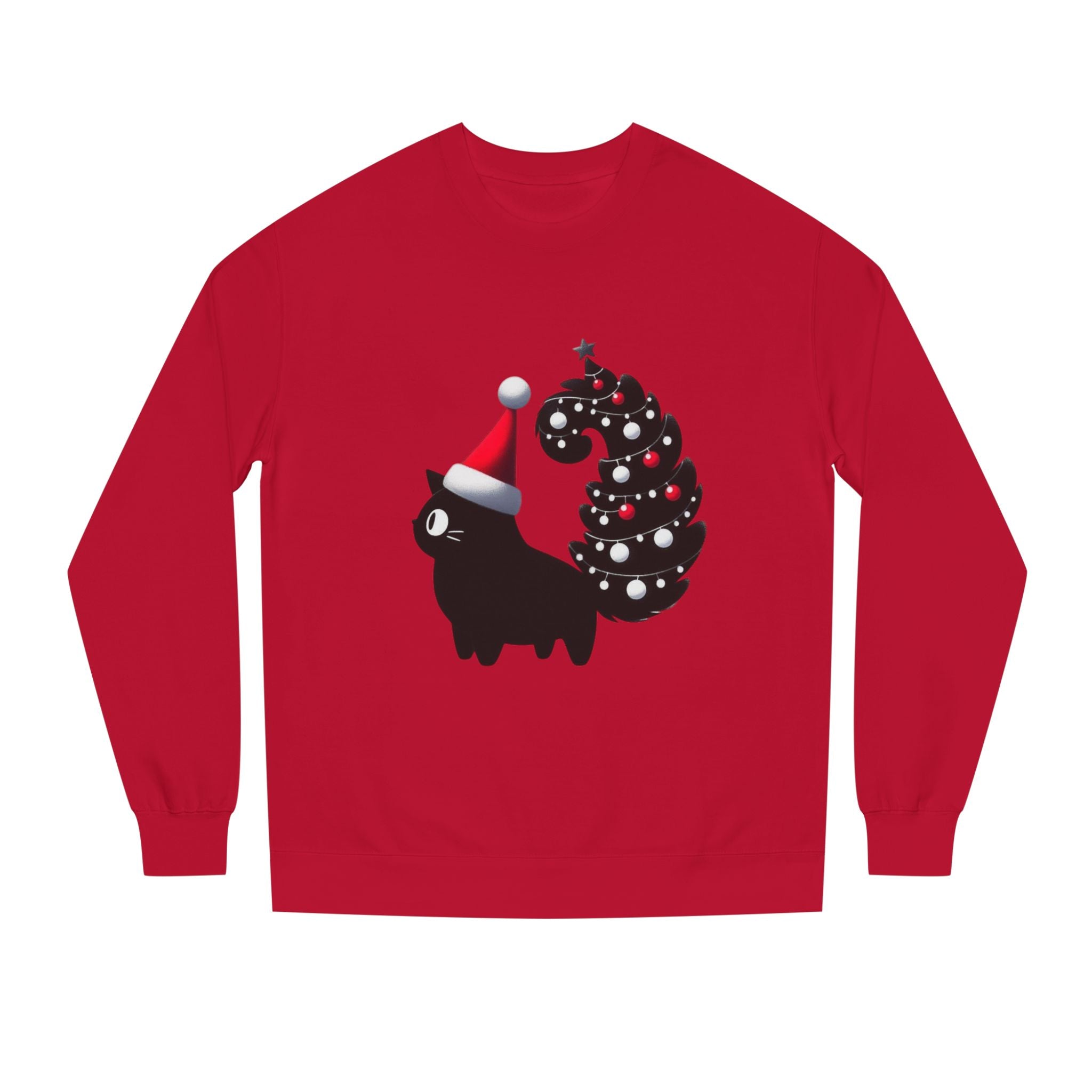 Christmas Black Cat Sweatshirt — Cute Cat with Santa Hat & Ornament Tail Holiday Crewneck