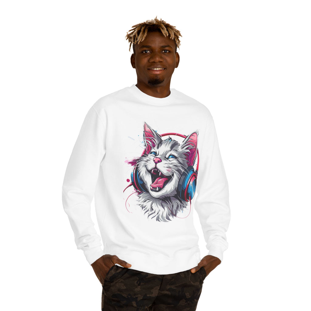 Cat with Headphones Sweatshirt — Vintage DJ Kitty Crewneck