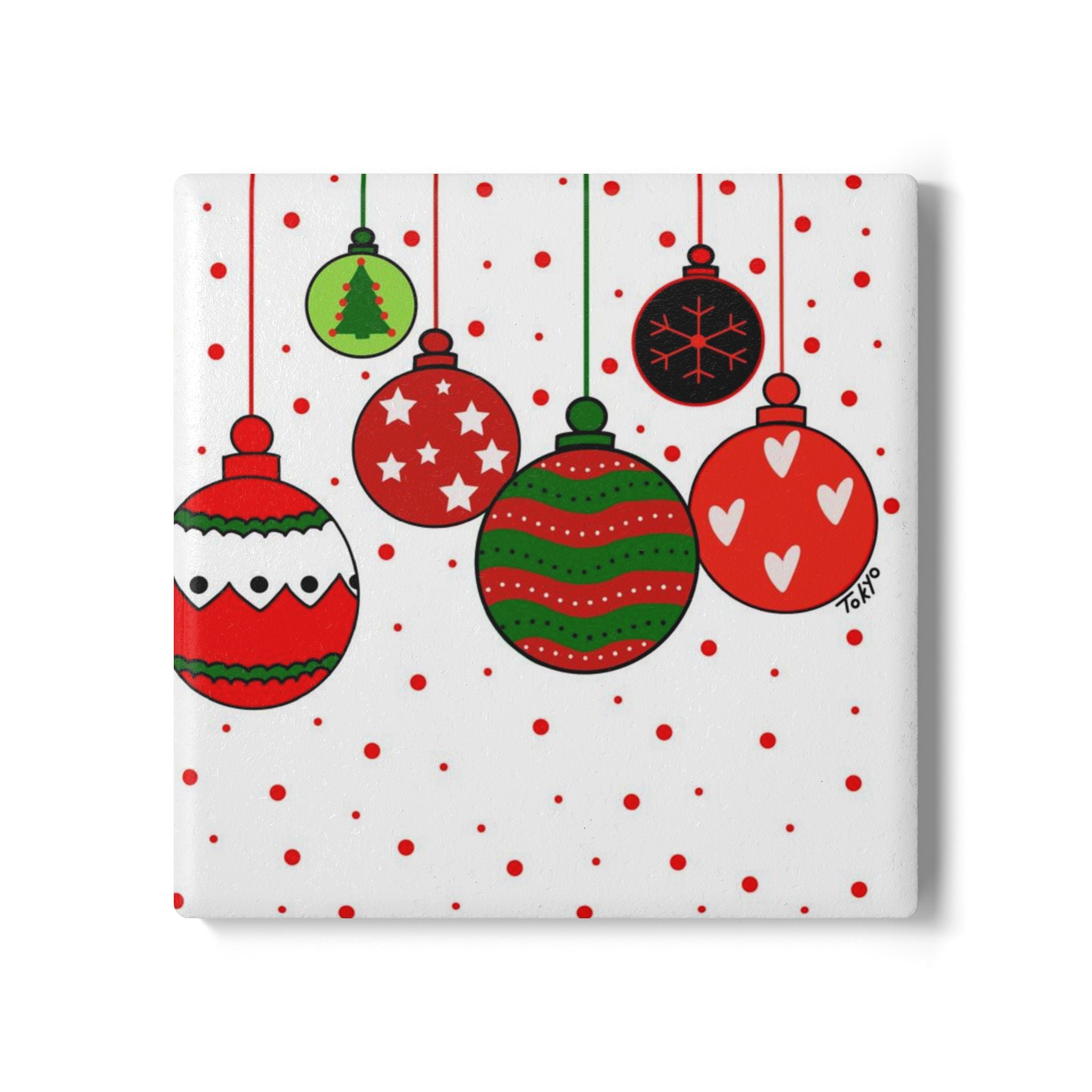 Christmas Ornament Ceramic Coaster — Festive Red & Green Holiday Drink Coaster