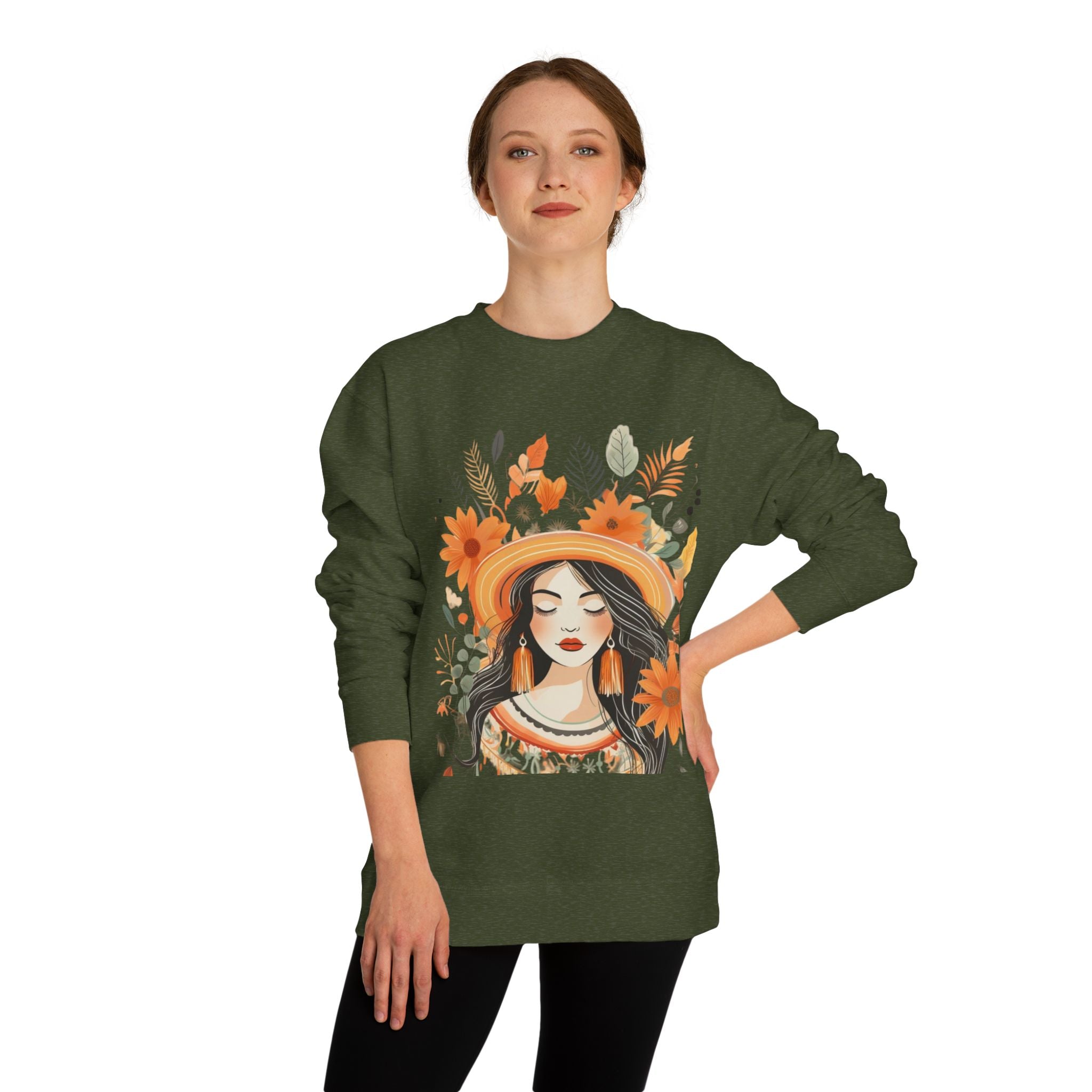 Autumn Bloom Women's Portrait Sweatshirt — Floral Hat Illustration