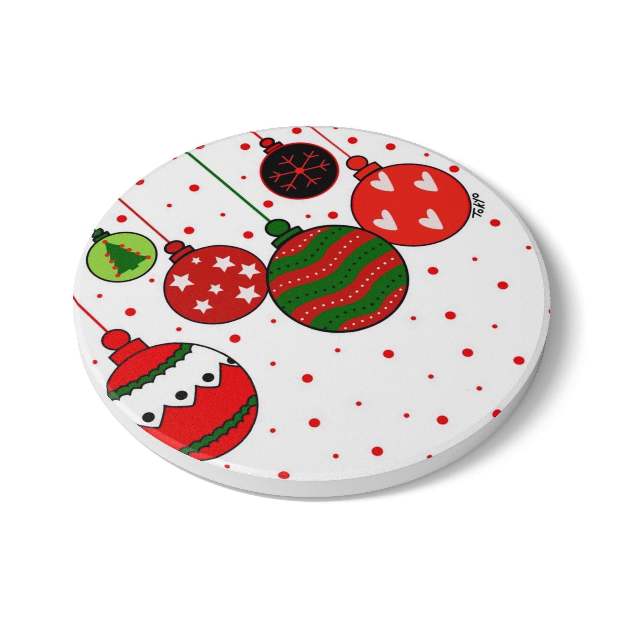 Christmas Ornament Ceramic Coaster — Festive Red & Green Holiday Drink Coaster