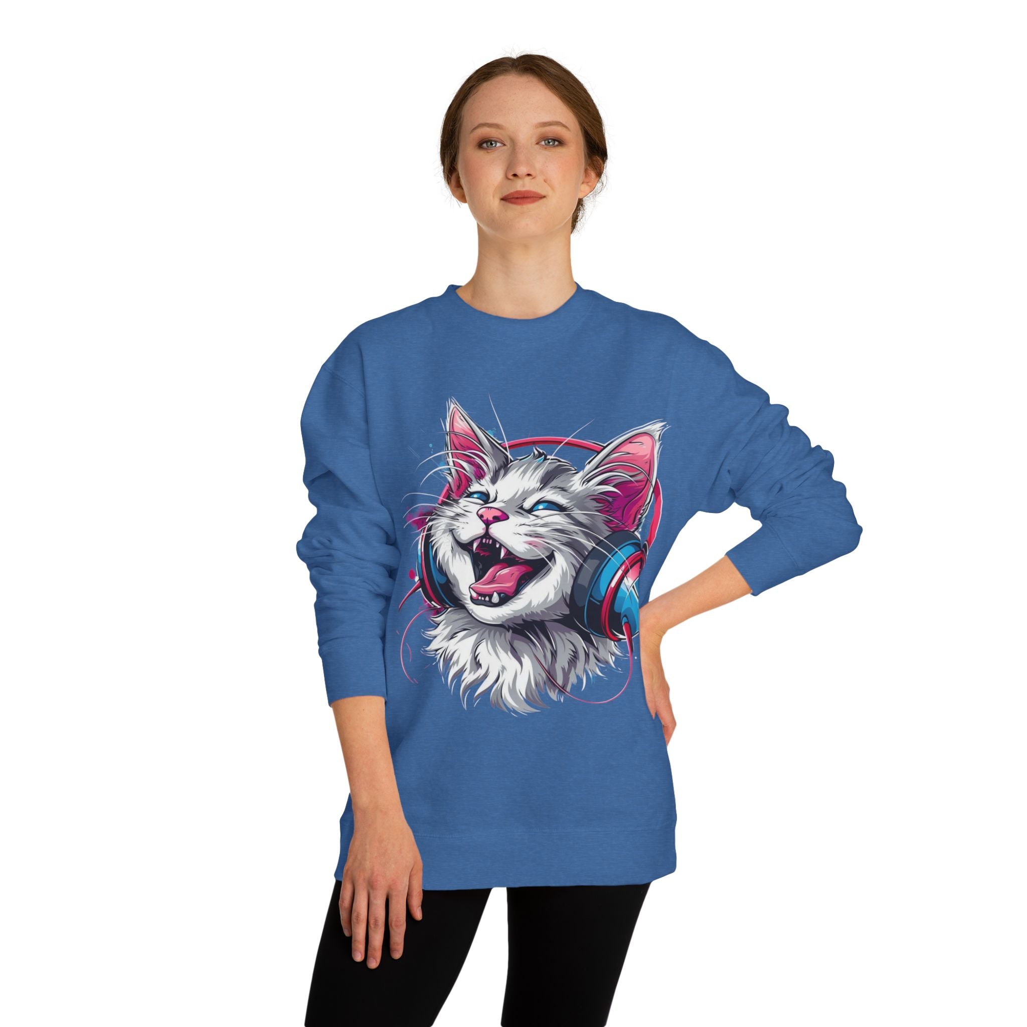 Cat with Headphones Sweatshirt — Vintage DJ Kitty Crewneck