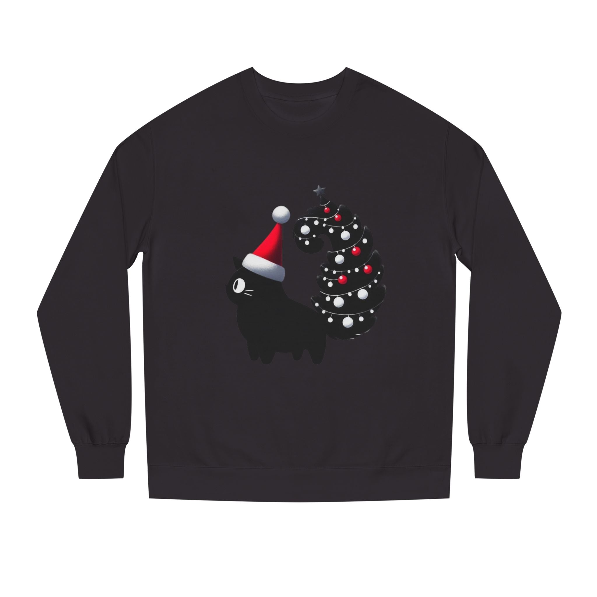 Christmas Black Cat Sweatshirt — Cute Cat with Santa Hat & Ornament Tail Holiday Crewneck