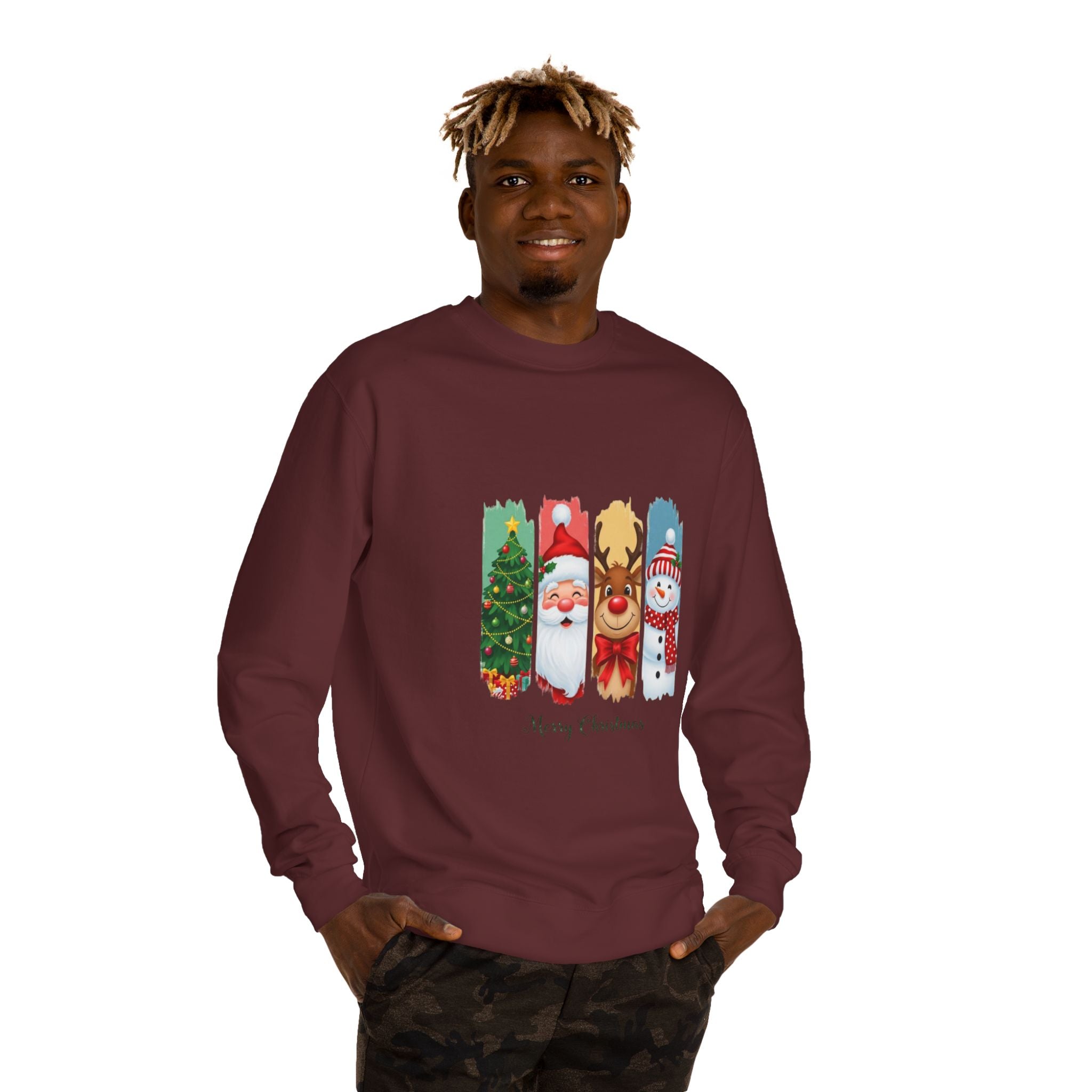 Christmas Characters Crewneck Sweatshirt — Merry Christmas Tree, Santa, Reindeer & Snowman Design