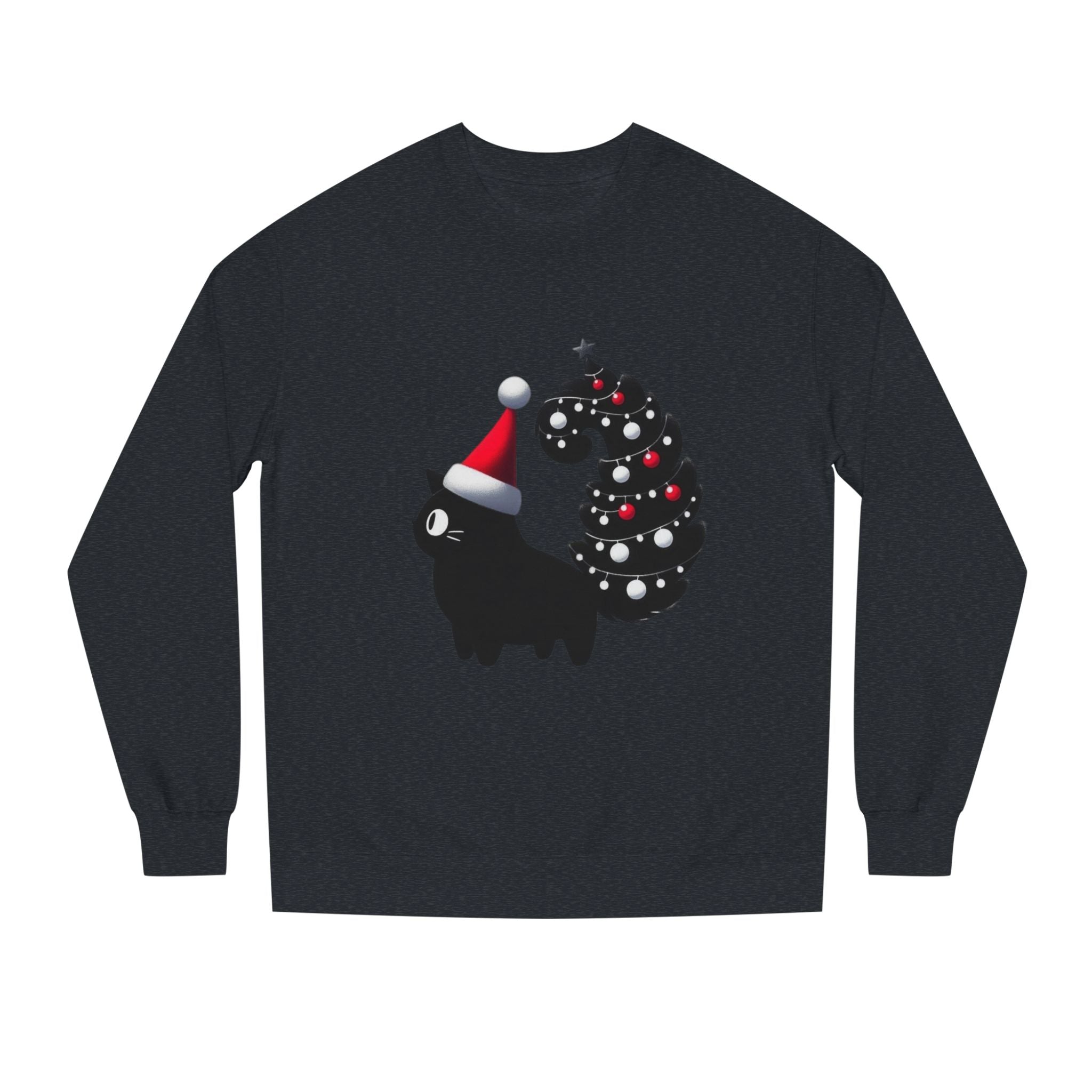 Christmas Black Cat Sweatshirt — Cute Cat with Santa Hat & Ornament Tail Holiday Crewneck