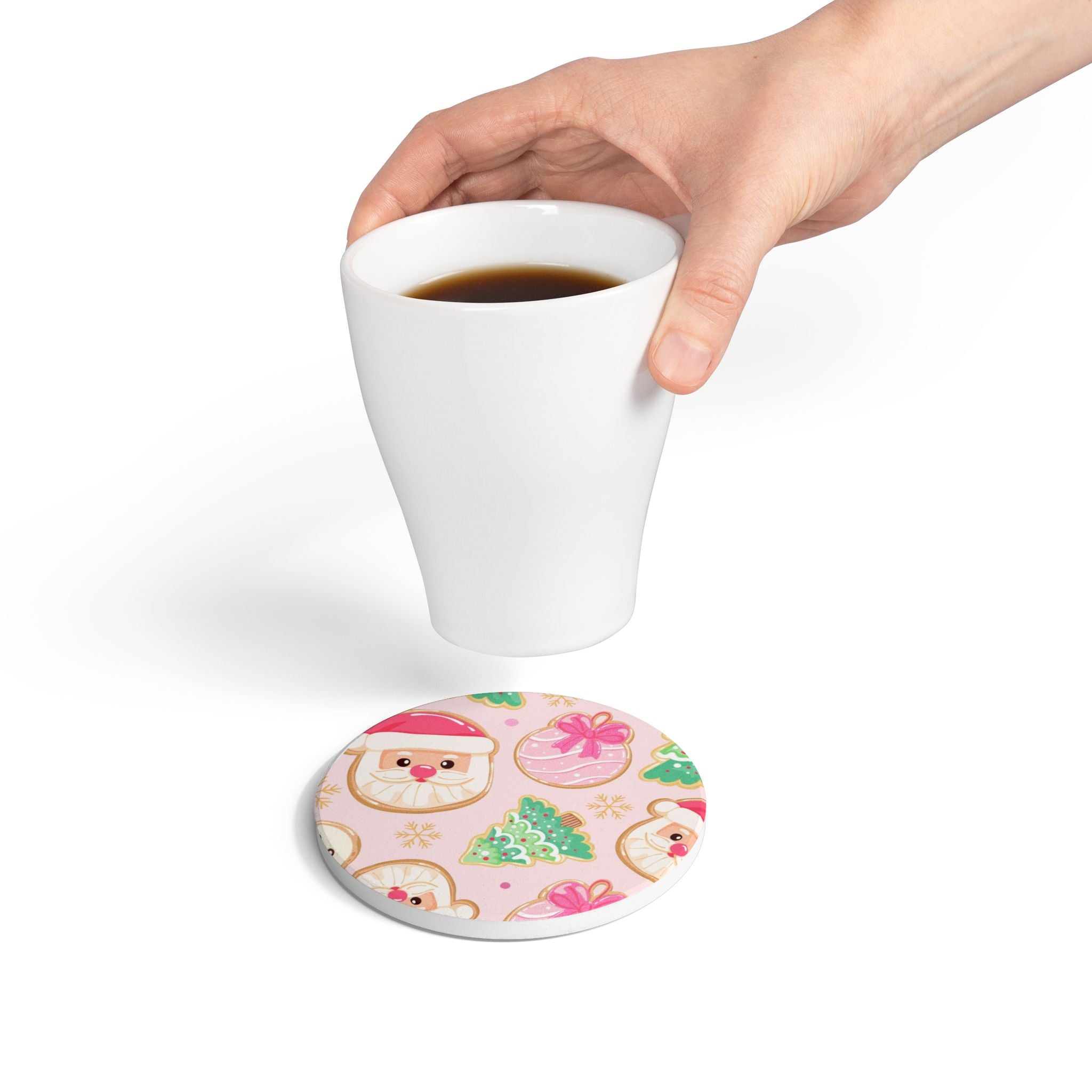 Christmas Santa & Cookies Ceramic Coaster — Cute Pink Holiday Drink coaster