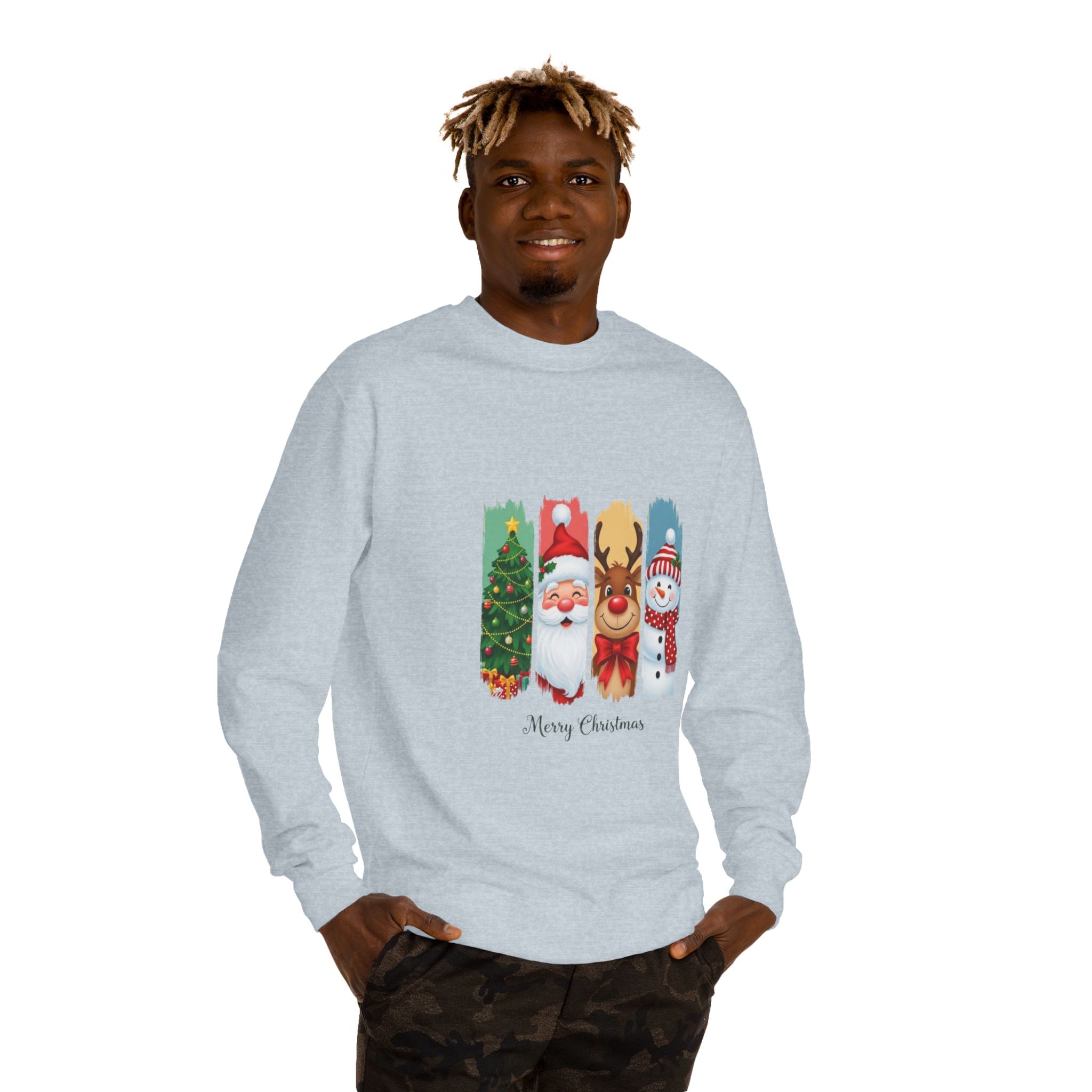 Christmas Characters Crewneck Sweatshirt — Merry Christmas Tree, Santa, Reindeer & Snowman Design