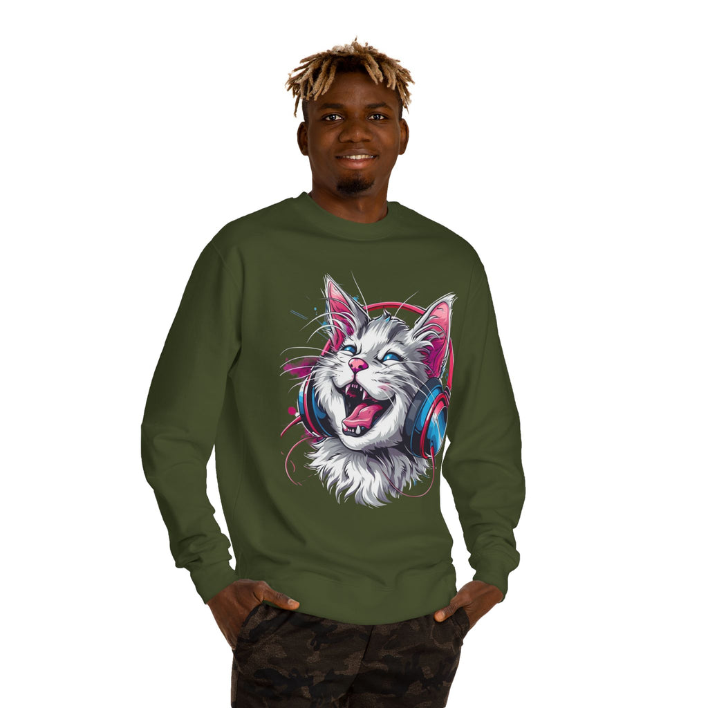 Cat with Headphones Sweatshirt — Vintage DJ Kitty Crewneck
