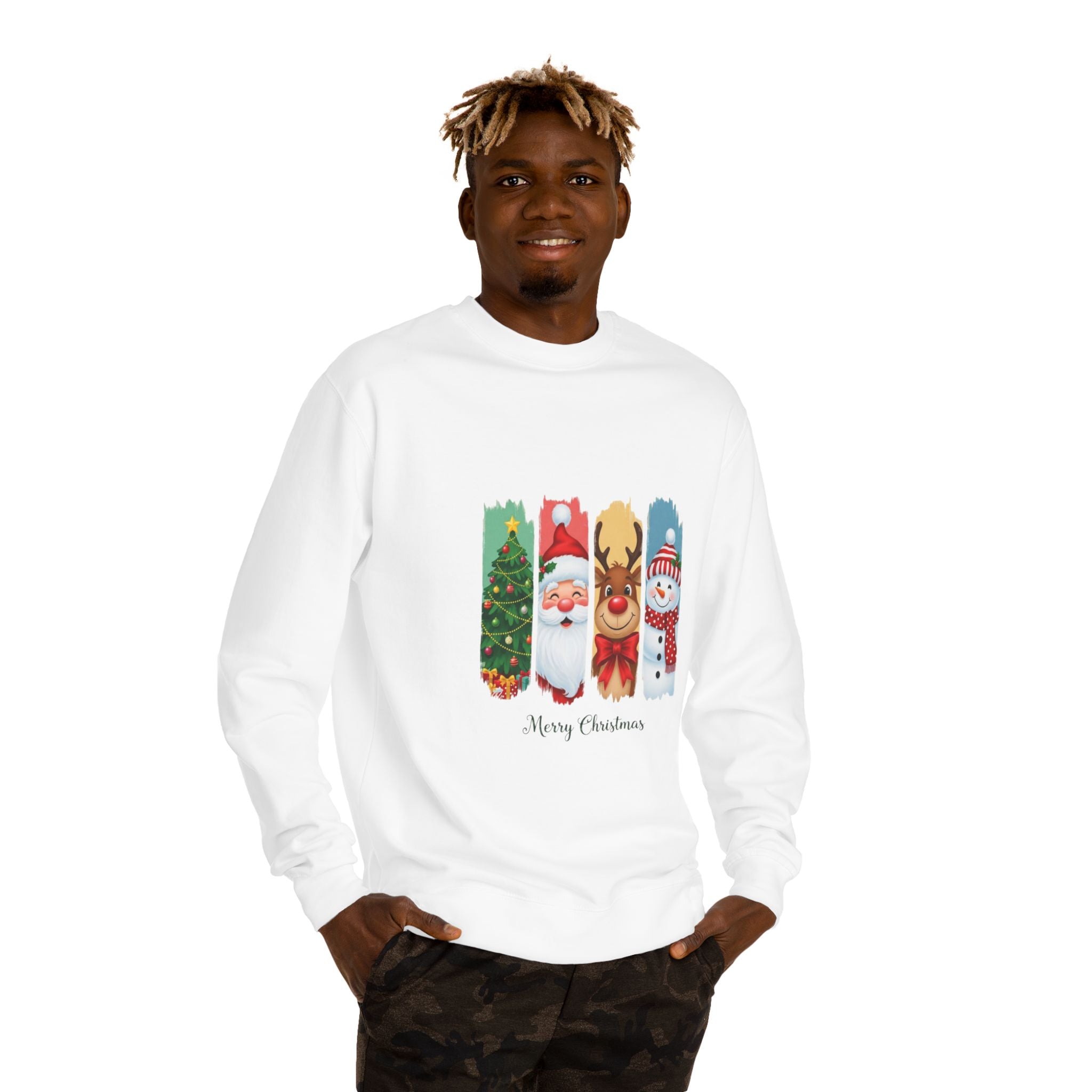 Christmas Characters Crewneck Sweatshirt — Merry Christmas Tree, Santa, Reindeer & Snowman Design